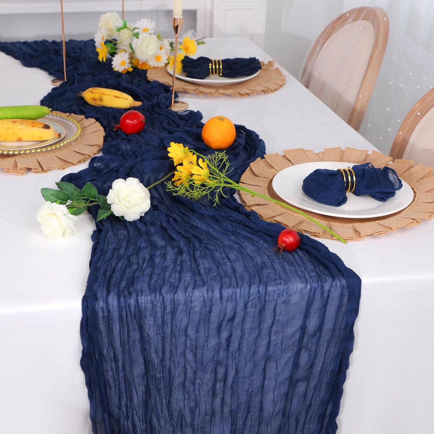 Snowkingdom 6PCS 13Ft Navy Blue Cheesecloth Table Runner, 160inch Long Cheese Cloth Boho Gauze Runner for Wedding Bridal Baby Shower Birthday Holiday Party Sheer Table Decorations