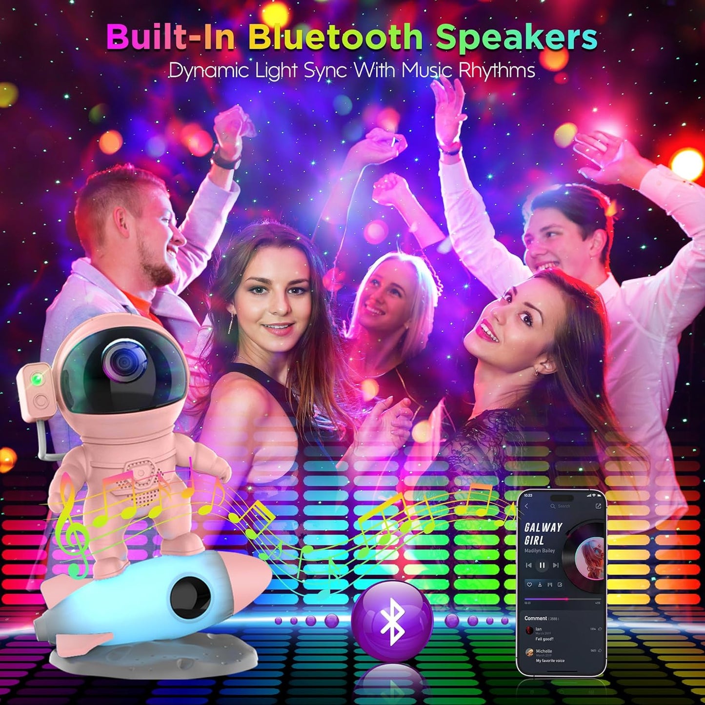 Astronaut Galaxy Projector for Bedroom, Star Projector Galaxy Light with App & Remote Control, White Noises, Bluetooth Speaker, Rocket Night Light for Kids, Ceiling, Gifts, Room Decor