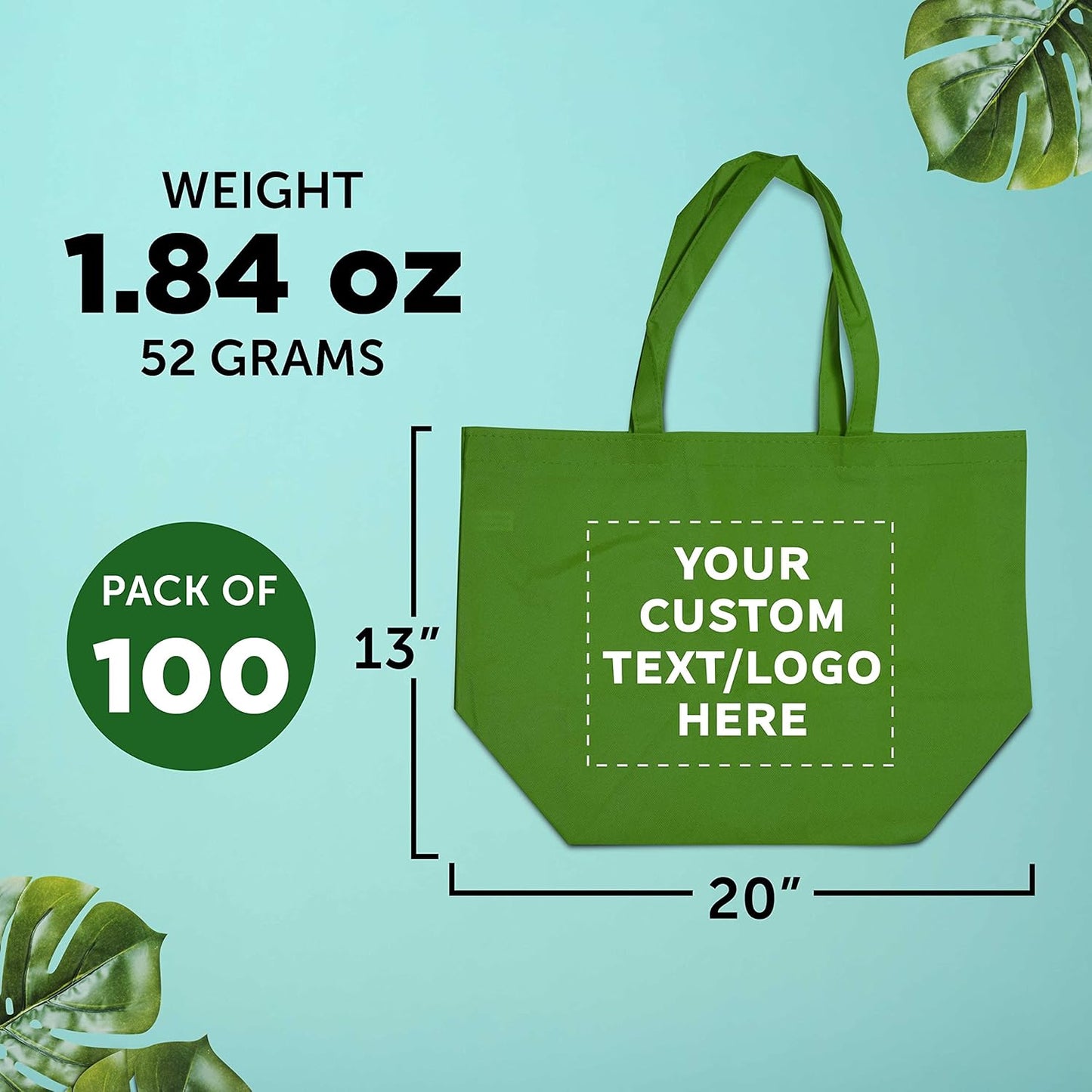 DISCOUNT PROMOS Custom Southern Style Grocery Tote Bags Set of 100 - Personalized Bulk Pack, Reusable Grocery & Shopping Bags - For Travel, Business Promotions - Lime Green - 20"X13"X8"