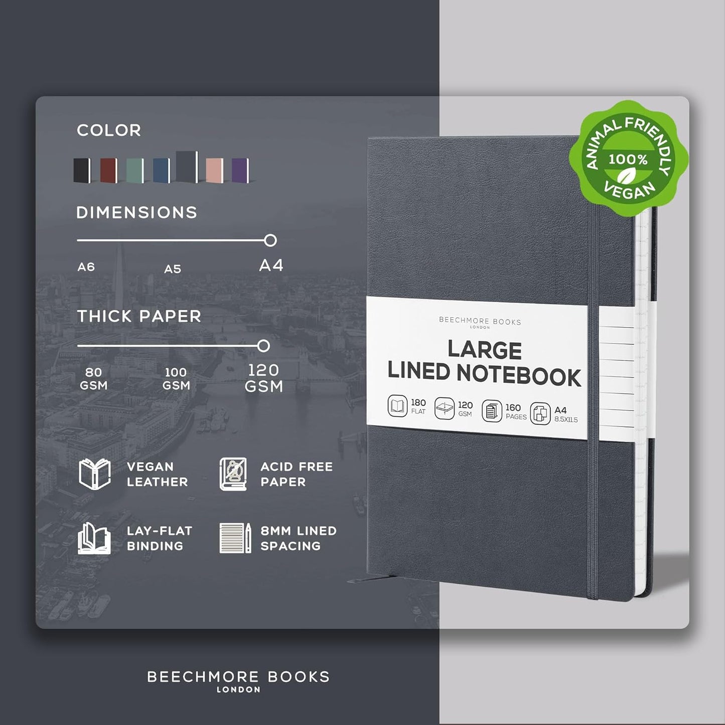 BEECHMORE BOOKS Lined Journal Notebook, 8.5 x 11.5 inch, A4 160 Lined Pages, Hardcover Leather Journals for Women, Men, Writing and Notebooks for Work - 120 GSM Thick Paper, Gifts Box Included