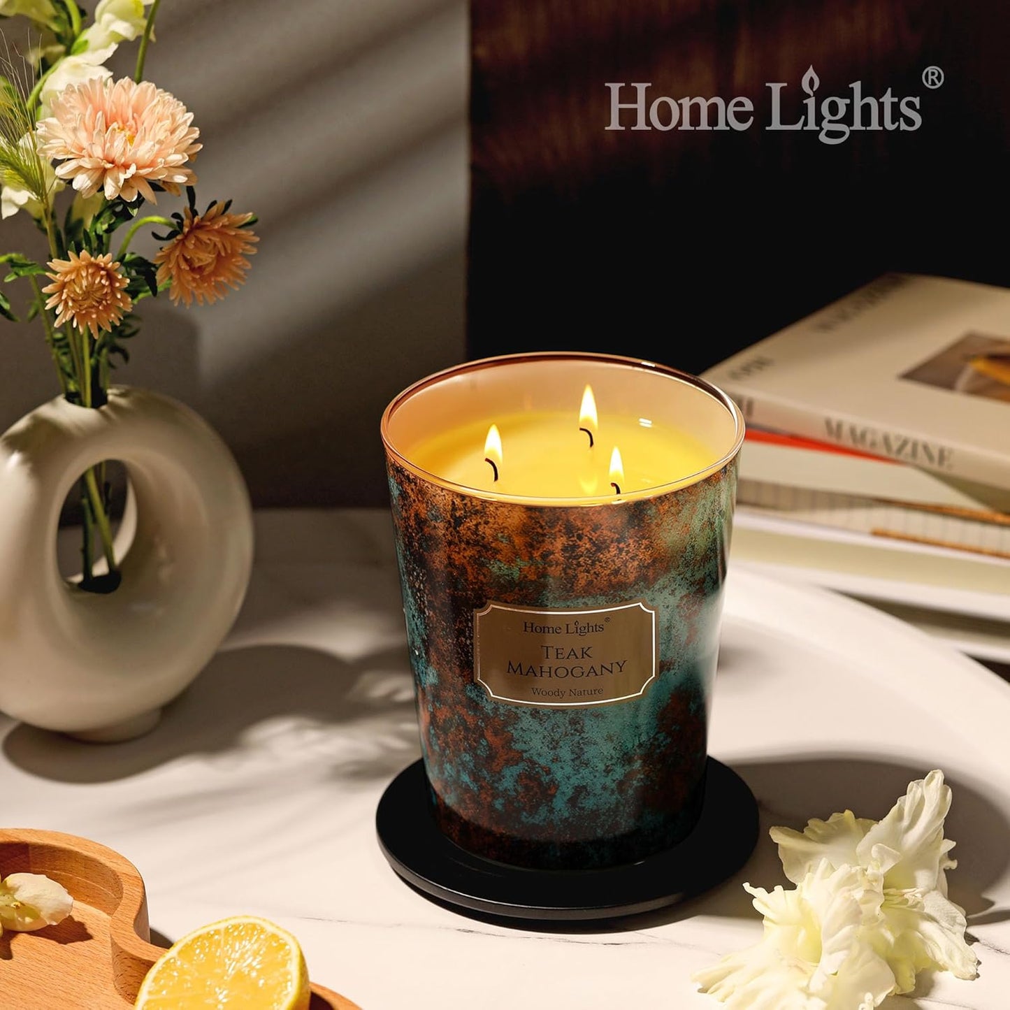 HomeLights Large jar Candle | 3-Wick Long-Lasting Scented Candles, 34oz Natural Soy Wax Candle for Home Scented, Industrial Chic Gifts for Women & Men, Teak Mahogany