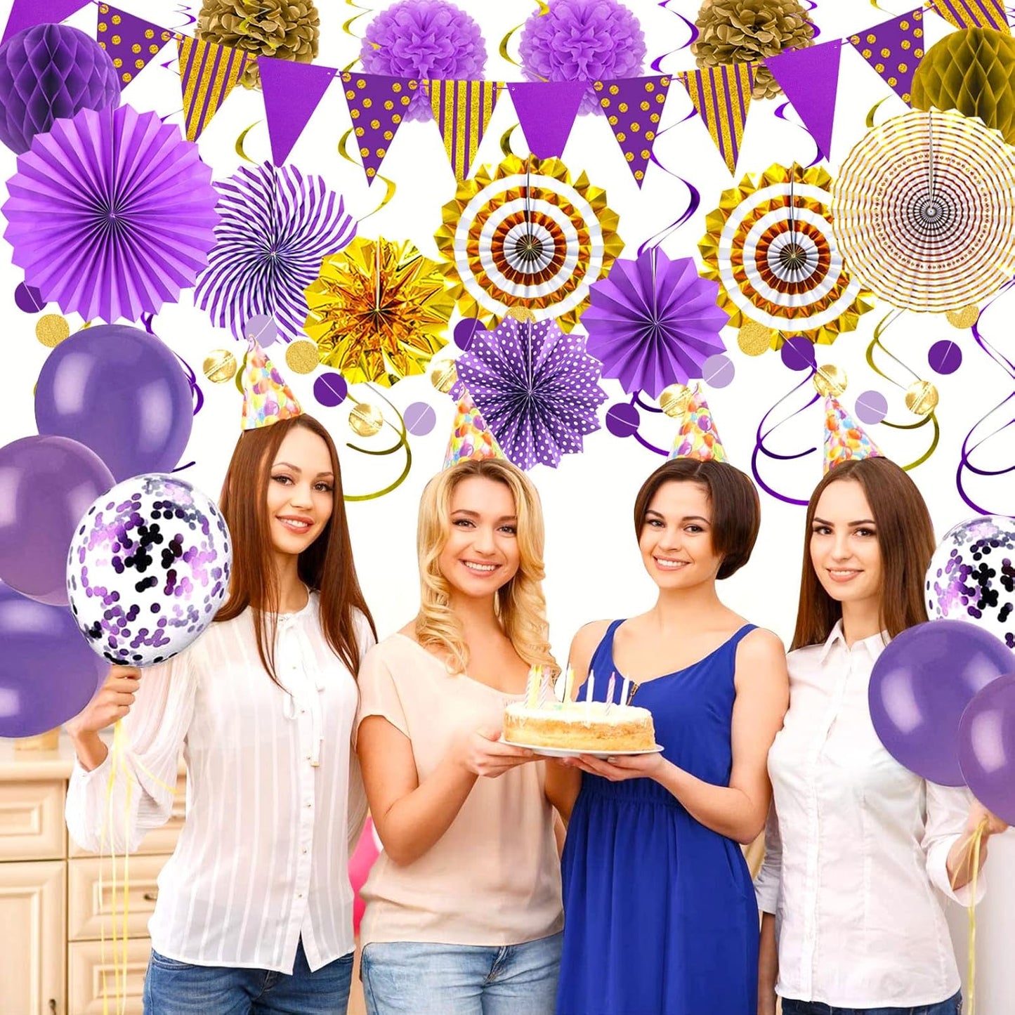 Purple Gold Party Decorations Paper Fans, Graduation Season Hanging Glitter Triangle Flags Banner Hanging Paper Fan Happy Birthday Banners and Triangular Flag, Bridal Shower,Purple Themed Birthday