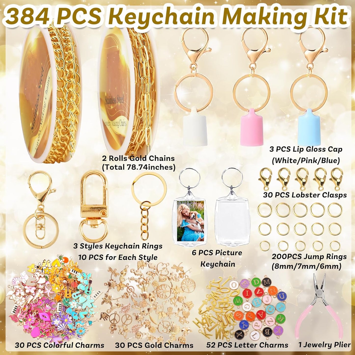 Namifin 384 Pcs Lip Gloss Keychain Making Kit with Charms & Keychain Clips - DIY Bag Charms, Photo Keychains, Personalized Gifts for Friends Small Business
