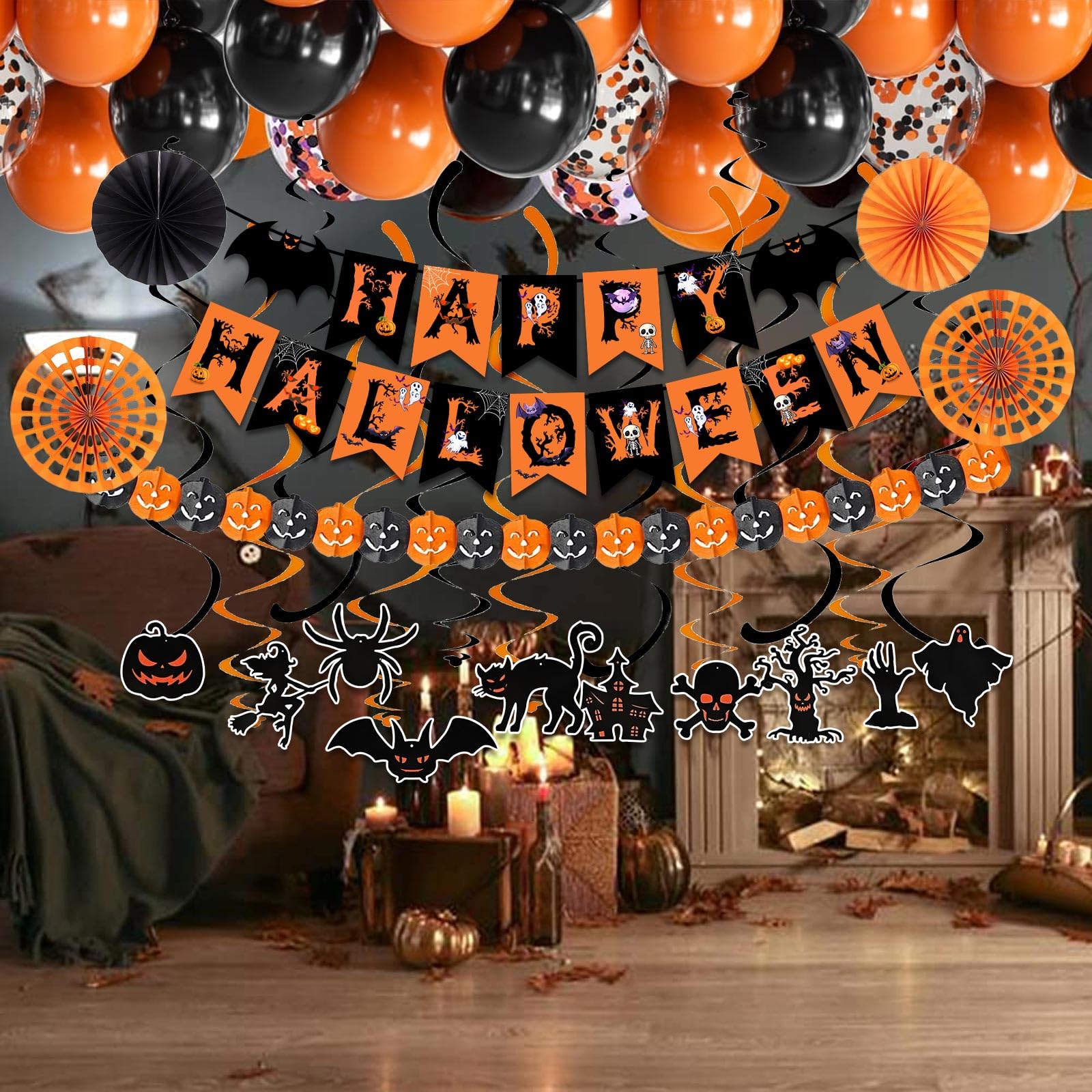 Happy Halloween Trick or Treat Banner Paper Fan Balloons & Swirl Streamers Goul Bat Cat Bird Ghost