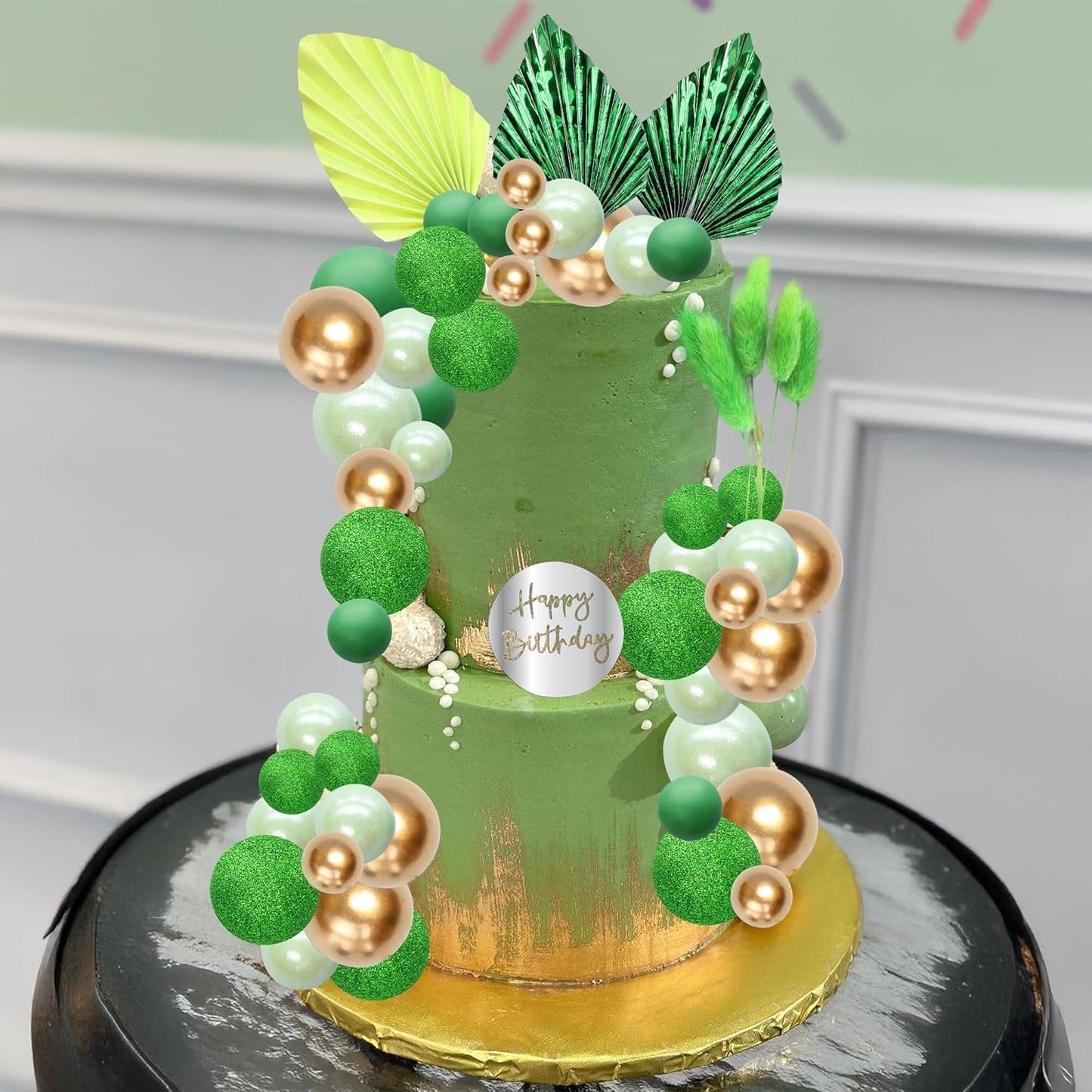 Ephlyn 33 Pack Balls Cake Toppers Boho Palm Leaves Cake Decorations Round Acrylic Happy Birthday Cupcake Toppers for Birthday Wedding Baby Shower Party Supplies Green