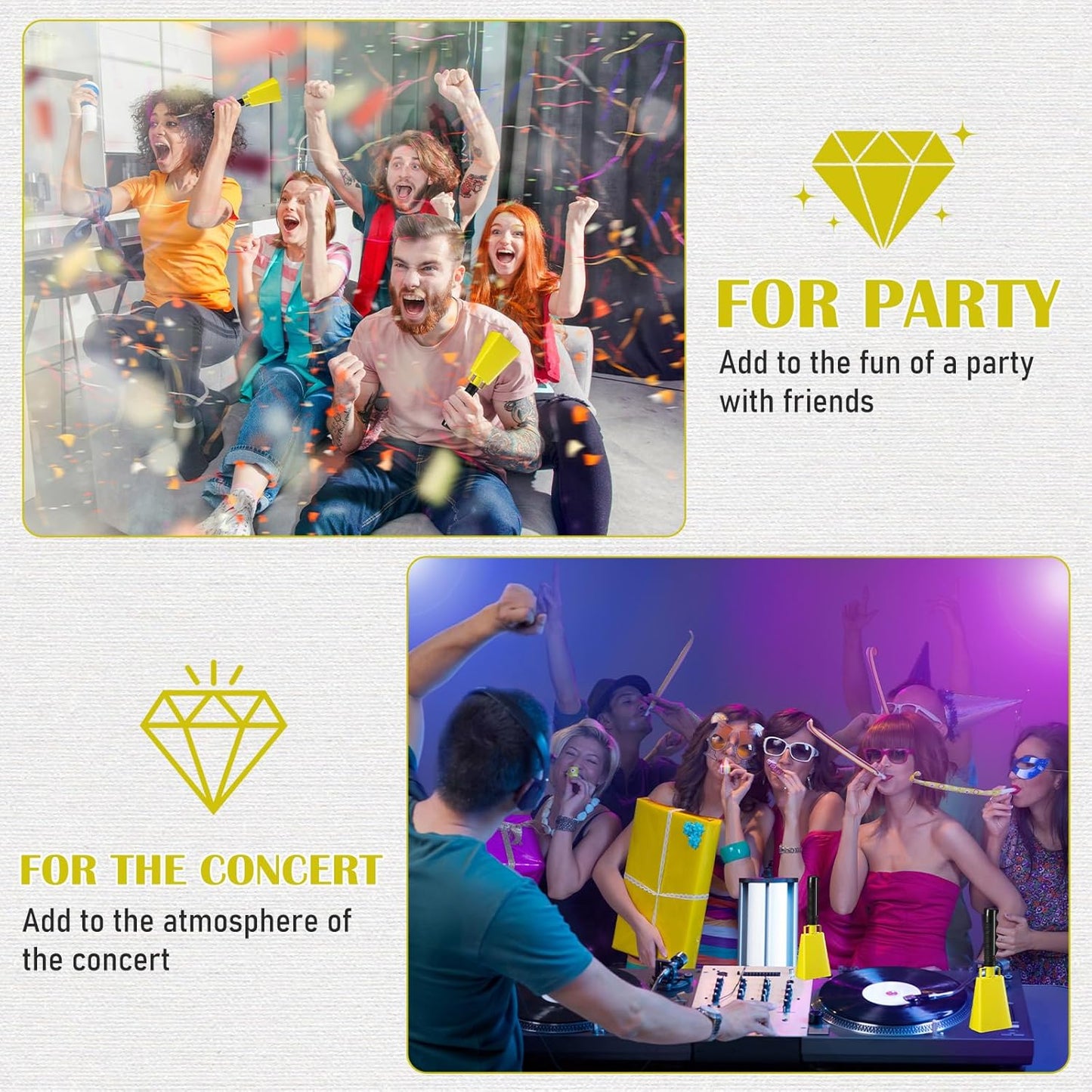 Pelopy 12 Pcs Large Cow Bell 9 '' Cowbell with Handle Cowbells for Sporting Events Hand Percussion Cheering Bell Chimes for Football Game, Alarm Loud Noise Makers, Musical Instrument(Yellow)