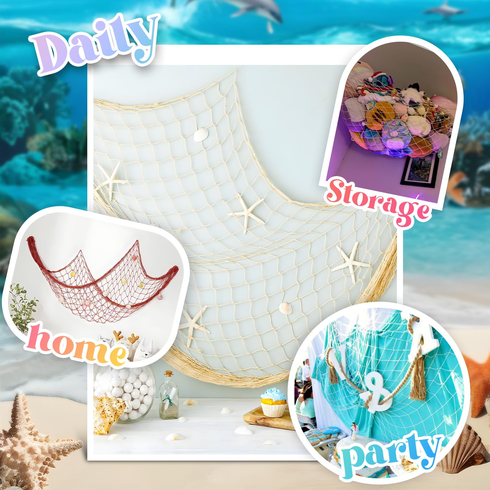 2 Pack Fish Net Decorations for Party, Natural Cotton Hawaiian Table Runner Party Fishing Net