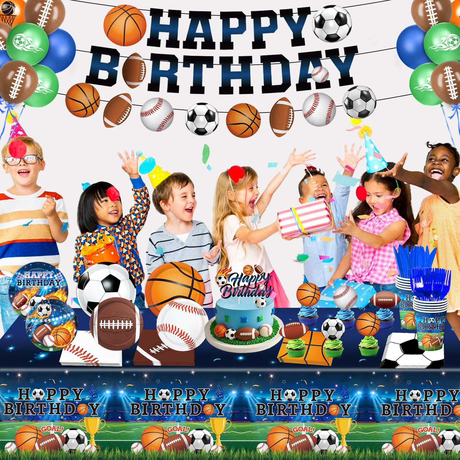 191 PCS Sports Birthday Party Decorations Includes Plates, Napkins, Cups, Knives, Forks, Banner