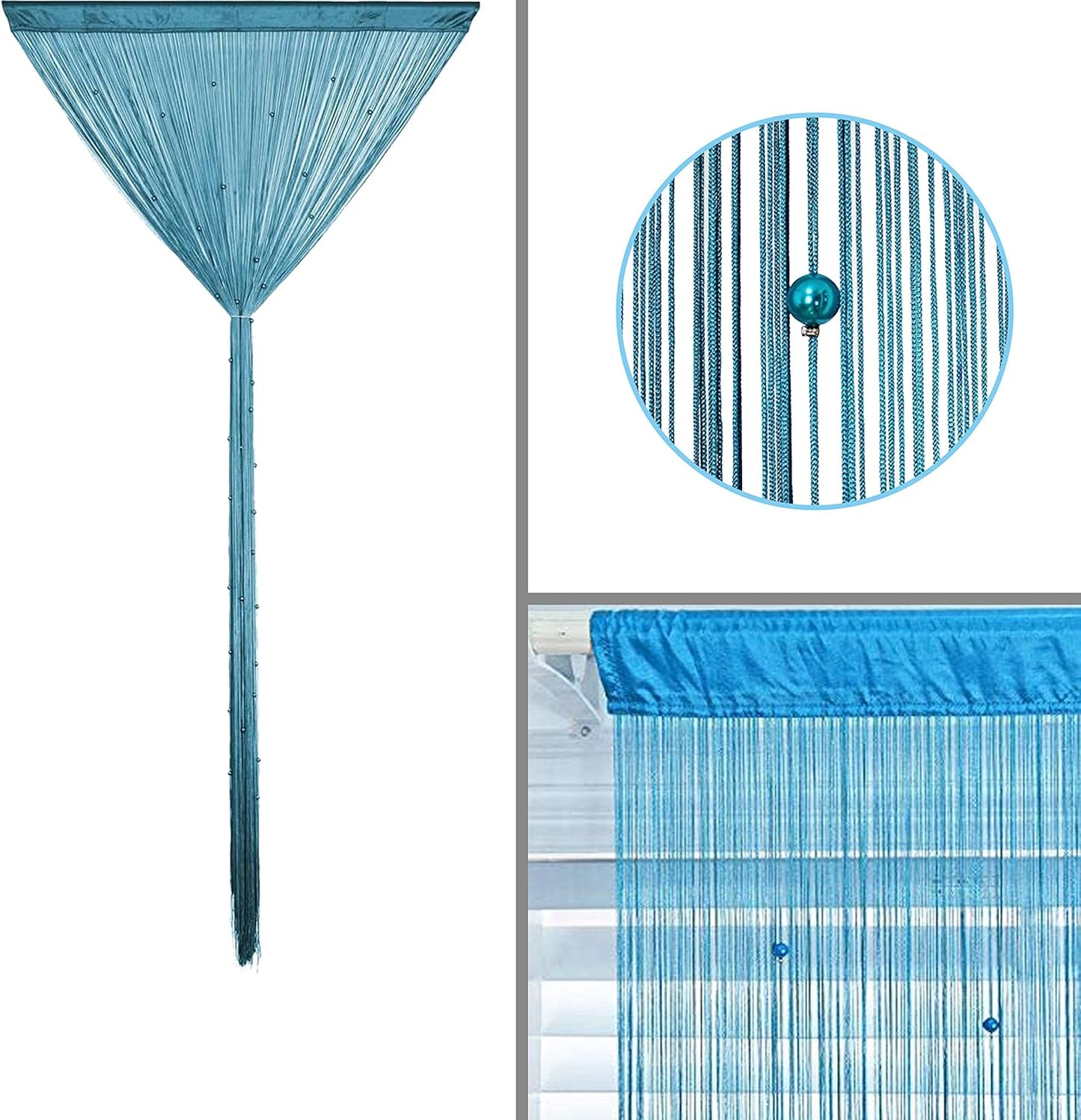 Beaded Curtain Beads Door String Curtains Ideal for Living Room Decor Wall Hanging Fringe Doorway Divider Bedroom Backdrop Hippie Window Closet Privacy Rod Pocket Dense (100x200cm,Teal Blue)