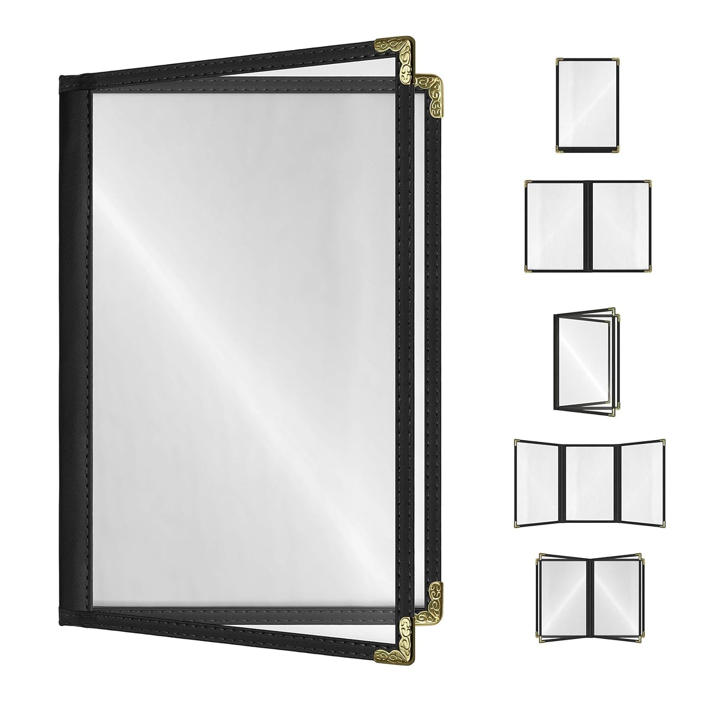 Goodsmart Restaurant Menu Covers – 25 Pack Black 4-View, Side-Loading Menu Holders, Vinyl & Plastic Café Menu Covers, Clear Menu Sleeves, Fits 5.5" x 8.5", Leather-Style Design, Gold Corners