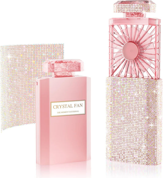 Bling Handheld Personal Fan, Rechargeable with 3 Speeds, Crystal Pull-out Portable Cooling Fan for Girls, Women - Pink Rhinestones