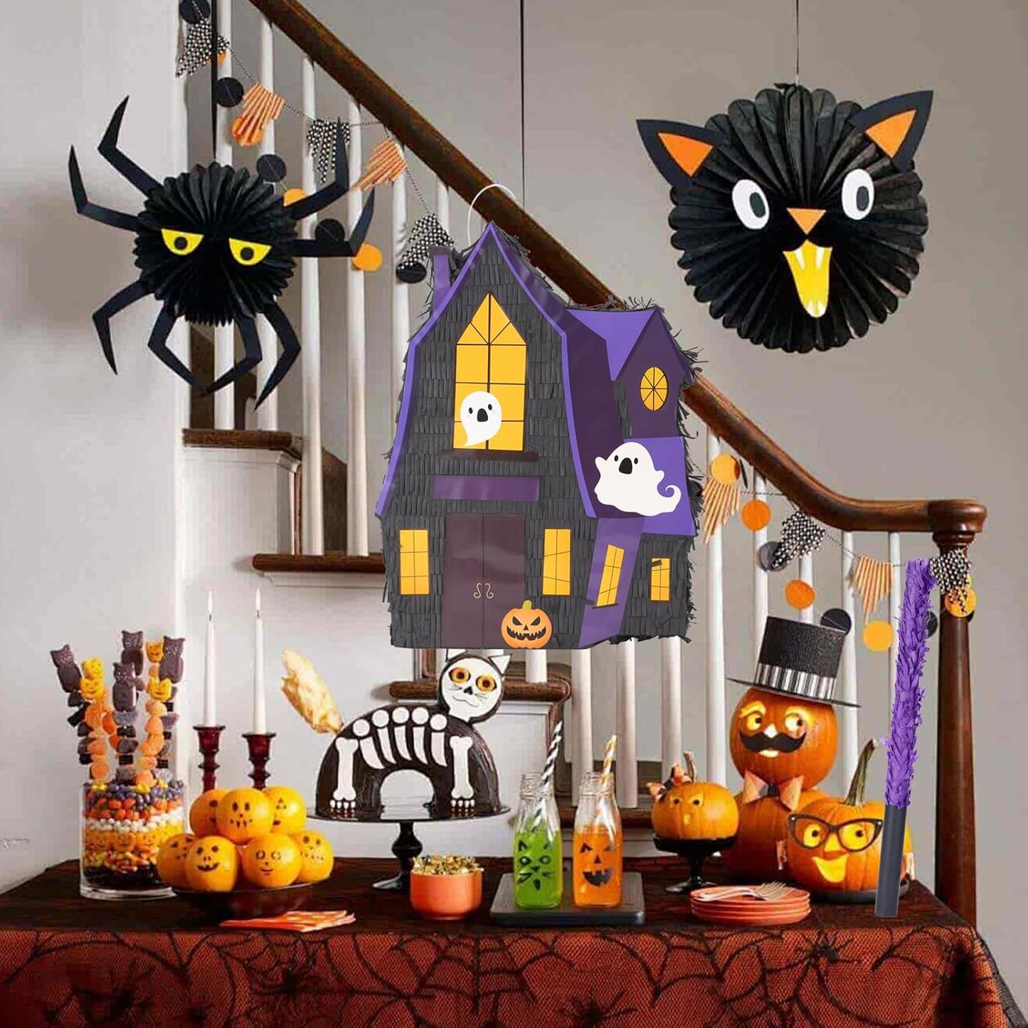 Halloween Haunted House Pinatas Bundle with a Blindfold and Bat (16x12.5x4 Inches), Ghost Castle Pinata, Party Games and Decoration
