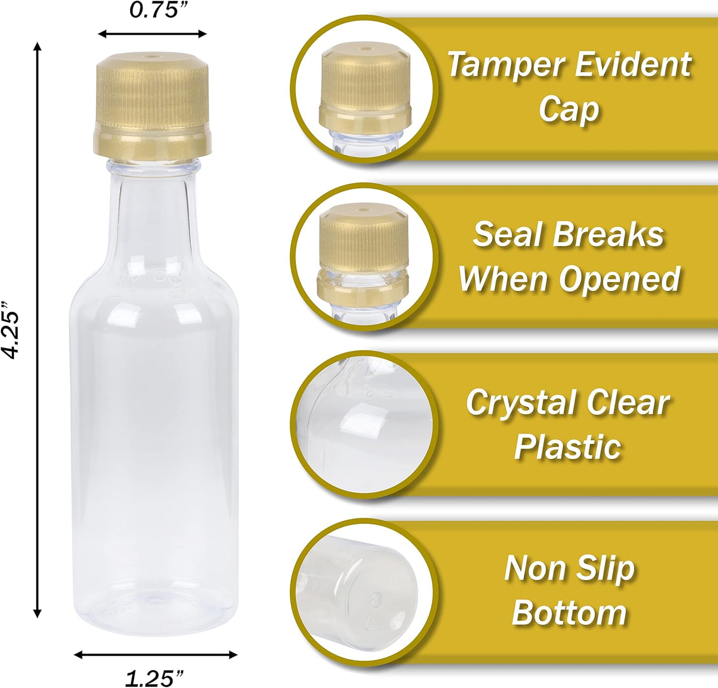 50 ml (1.7 Oz.) 120 Pack Round PET Clear Small Plastic Bottle with Tamper Evident Caps, Food Grade for Liquor, Wellness Shots, Sauce (Gold Lids)