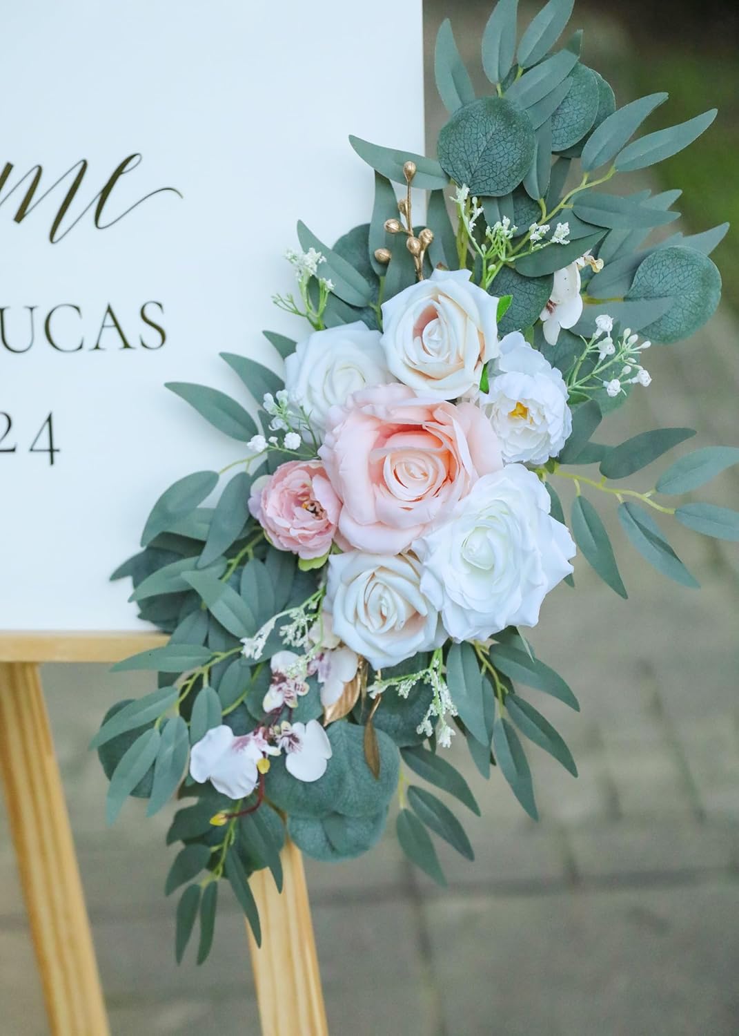 Artificial Blush Pink Wedding Arch Flower Swags Set of 2 for Welcome Signs and Ceremony Decorations, Champagne Gold Wedding Flowers
