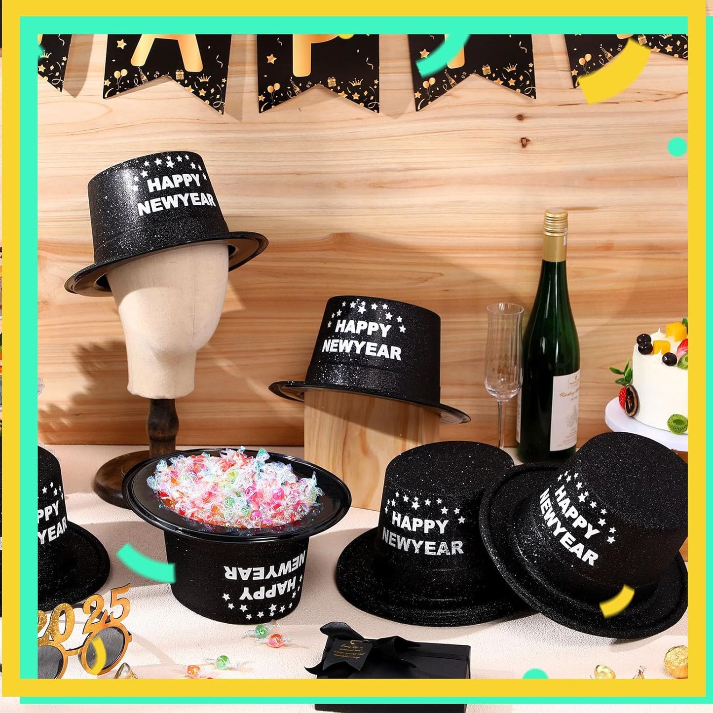 Hillban 12 Pcs Top Hats Halloween Glitter Plastic Retro Disco Party Hats for Halloween Magician Birthday Wedding Carnivals(Black with Letter,Novel)