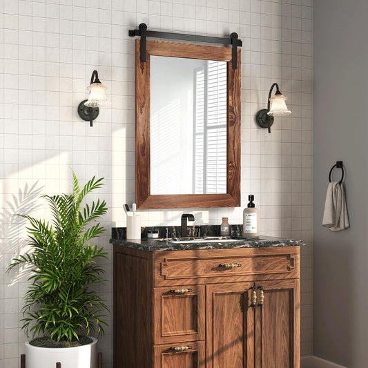 COGOOD Farmhouse Bathroom Mirror - 42 x 29 Rustic Barn Door Style Mirror for Living Room, Entryway, Vanity Wall Decor (Brown)