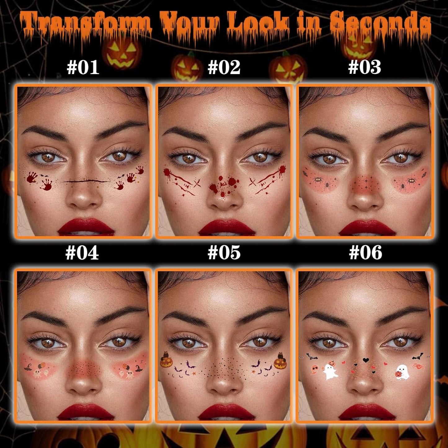 Glitter Freckles, 24PCS Glitter Freckles Face Tattoo, Sparkle Freckles for Women, Waterproof Gold Temporary Face Tattoos Glitter Glow Up Patches Makeup Patches (Halloween 6pcs)