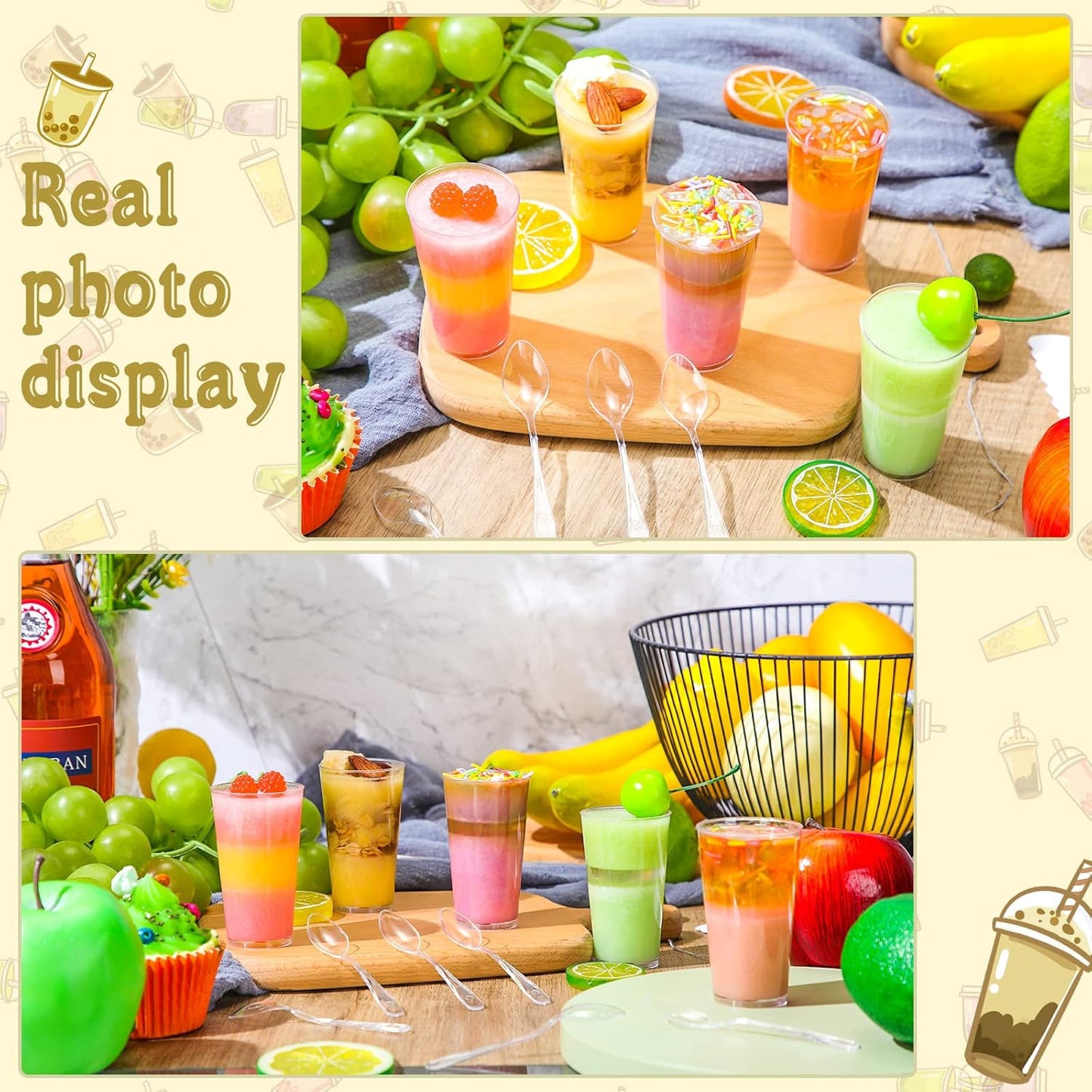 CHENGU 3 Oz Dessert Cups with Spoons Mini Shooter Cups Small Round Tableware for Parfait Appetizer Pudding Tasting for Event Festival Birthday Party Supplies(150 Pieces)