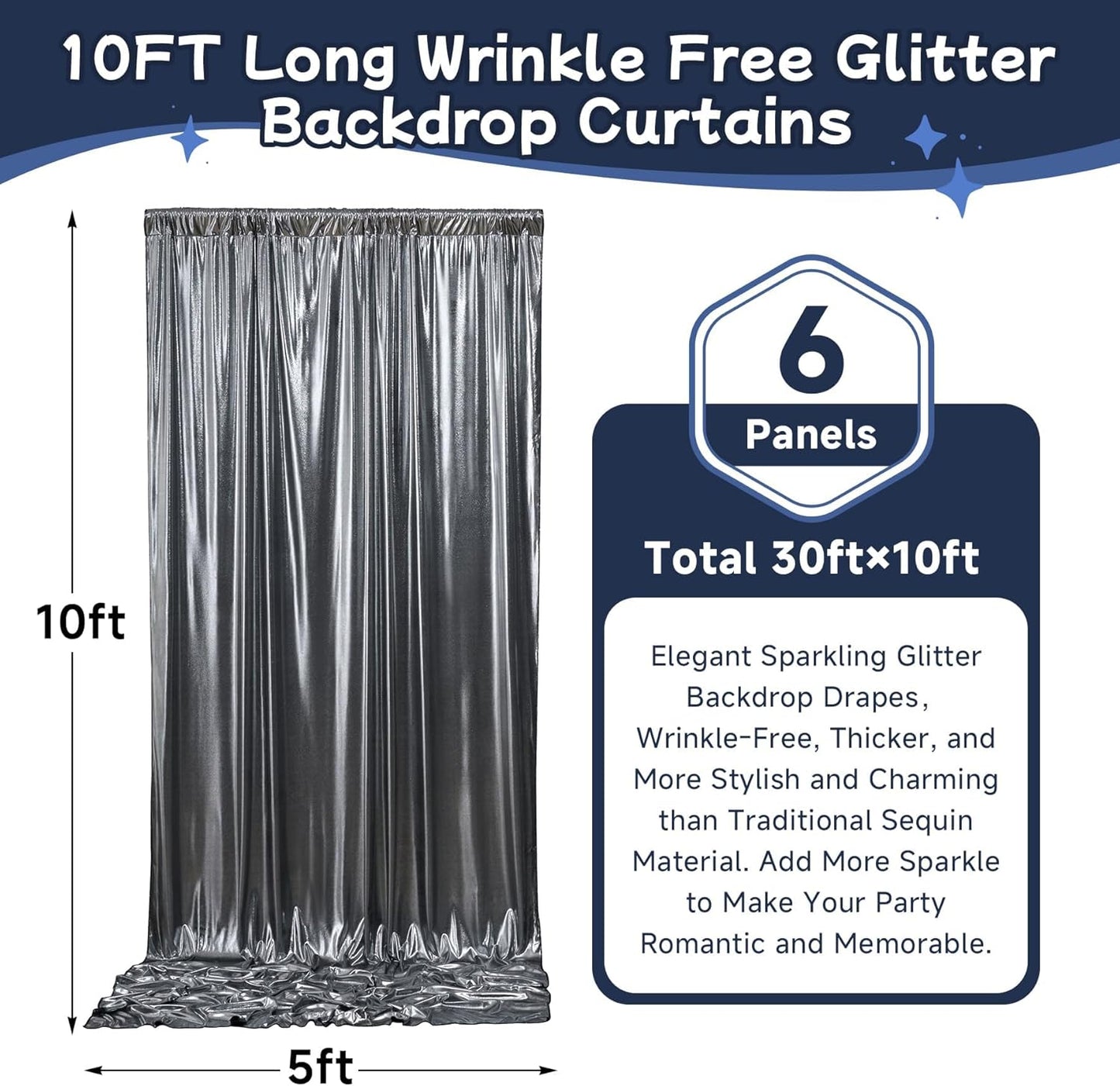 30ftx10ft Black Silver Glitter Sequin Backdrop Curtain for Parties, Wrinkle Free Sparking Backdrop Drapes, 6 Panels 5x10ft Shimmer Photo Back Drop Cloth for Wedding Birthday Photography
