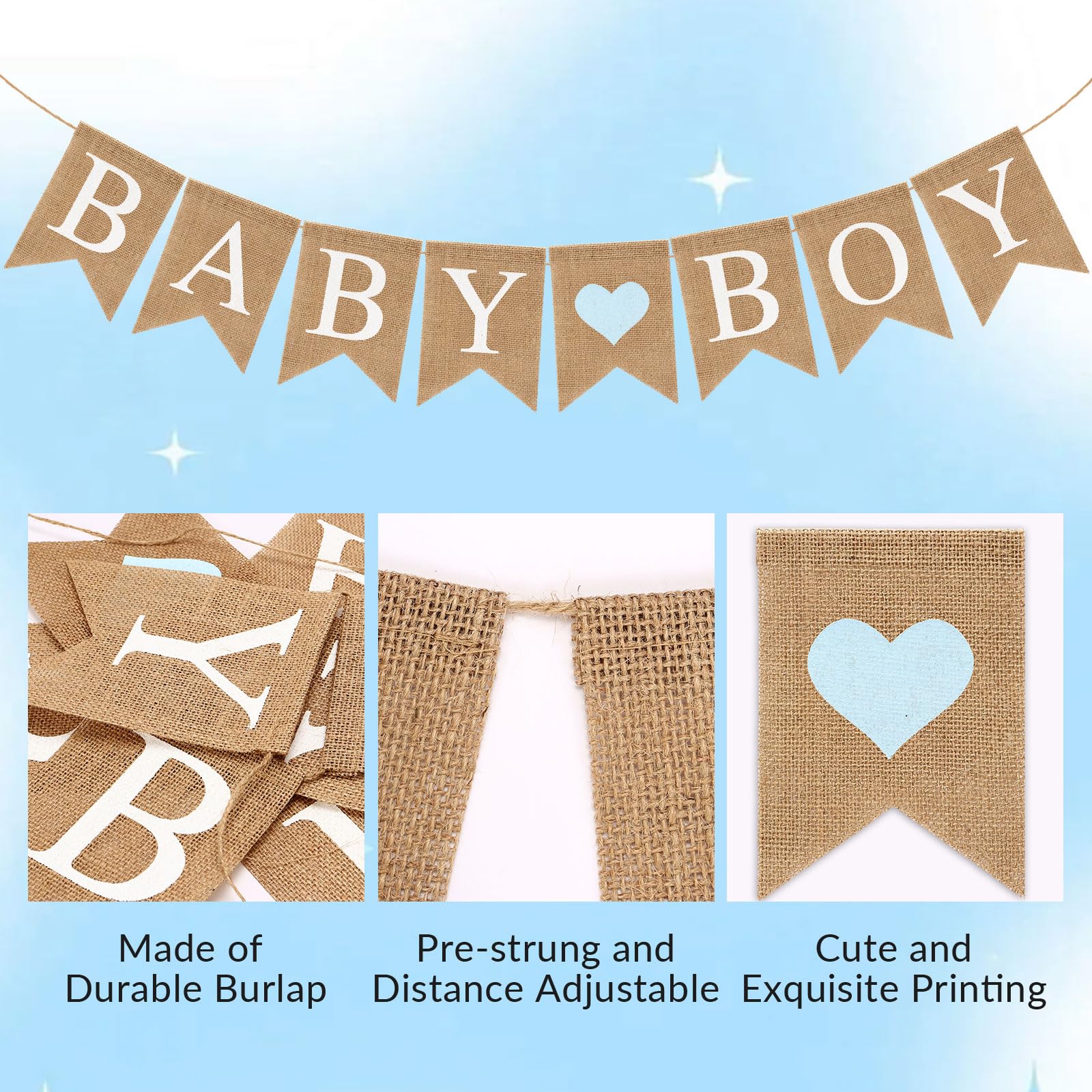 Pre-Strung Baby Boy Burlap Banner, Gender Reveal Banner for Baby Shower Party Decorations (Light