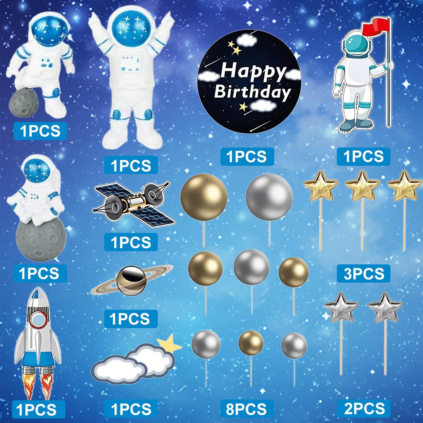 22Pcs Space Cake Topper,Space Cupcake Toppers Astronaut Figurine Birthday Outer Space Themed Party