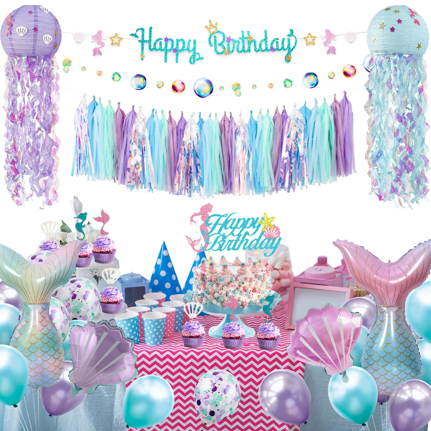 Mermaid Birthday Party Decorations Supplies Banner Tassel Garland Bubble Garland Hanging Jelly Fish