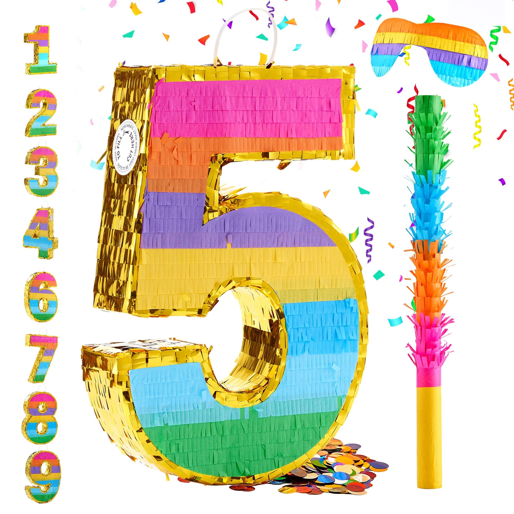 MUWOOB Rainbow Number 5 Pinata for 5th Birthday Party Decorations, Birthday Pinata with Stick