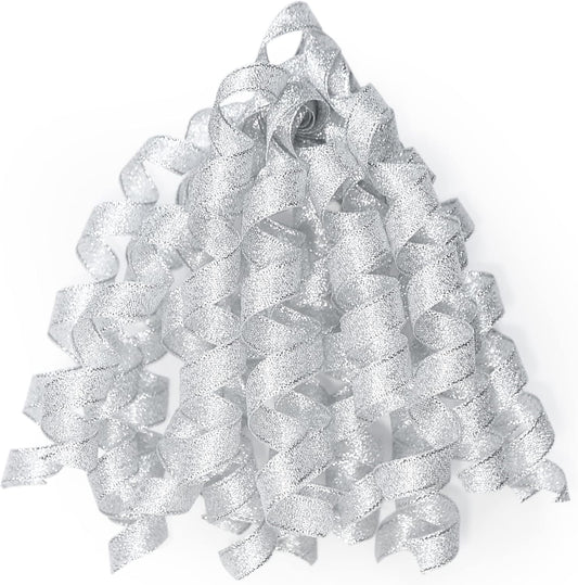 CT CRAFT LLC Silver Metallic Curly Ribbon Bow 6" Long x 6 Counts Gift Wrapping Pre-Tied Self-Adhesive Tab for Birthday Present Box Wine Bottle Baby Shower Party Christmas Hanukah