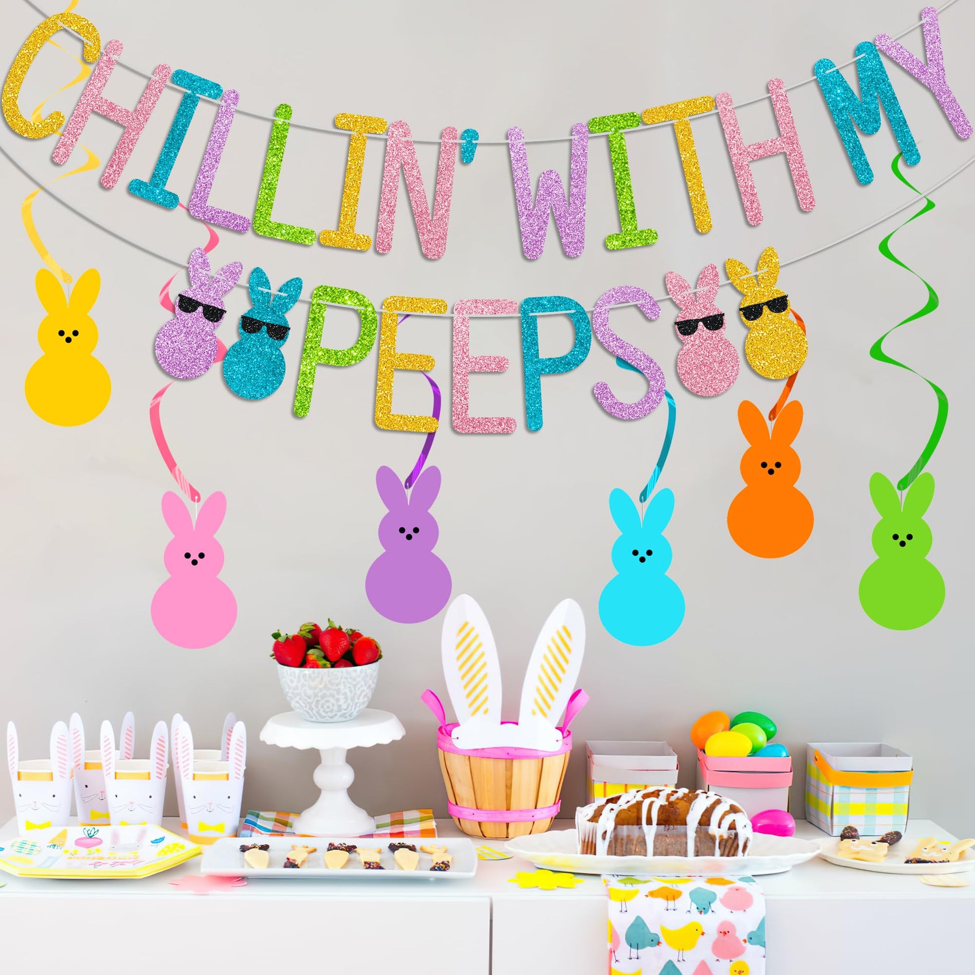 Glitter Chillin with My Peeps Banner with Bunny Hanging Swirls - NO DIY - Easter Party Decorations