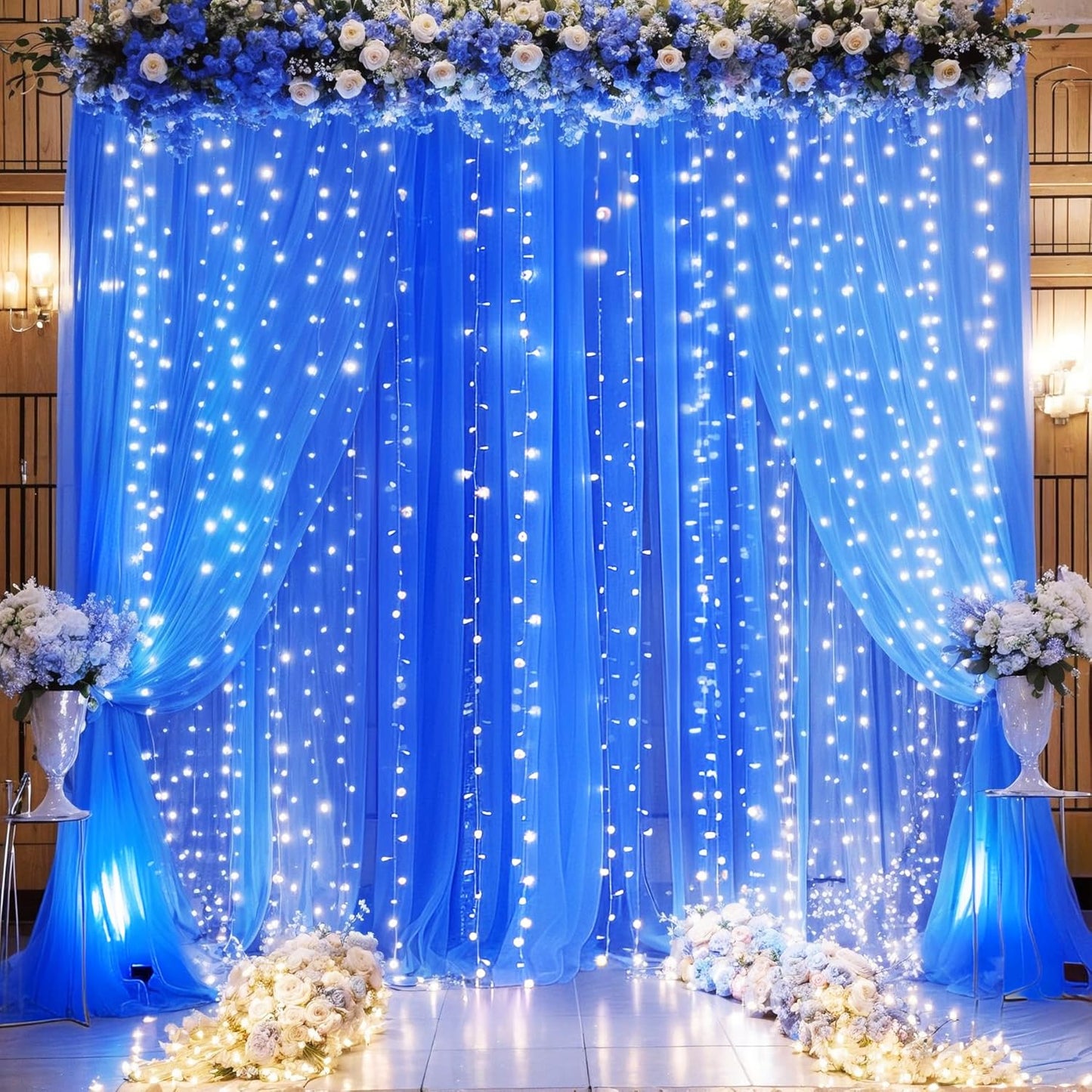 Royal Blue Backdrop Curtains with Lights String for Parites Wedding 10×8ft Sheer Tulle Backdrop Curtain for Graduation Ceremony Baby Shower Birthday Party Prom Photo Shoot Background Decorations