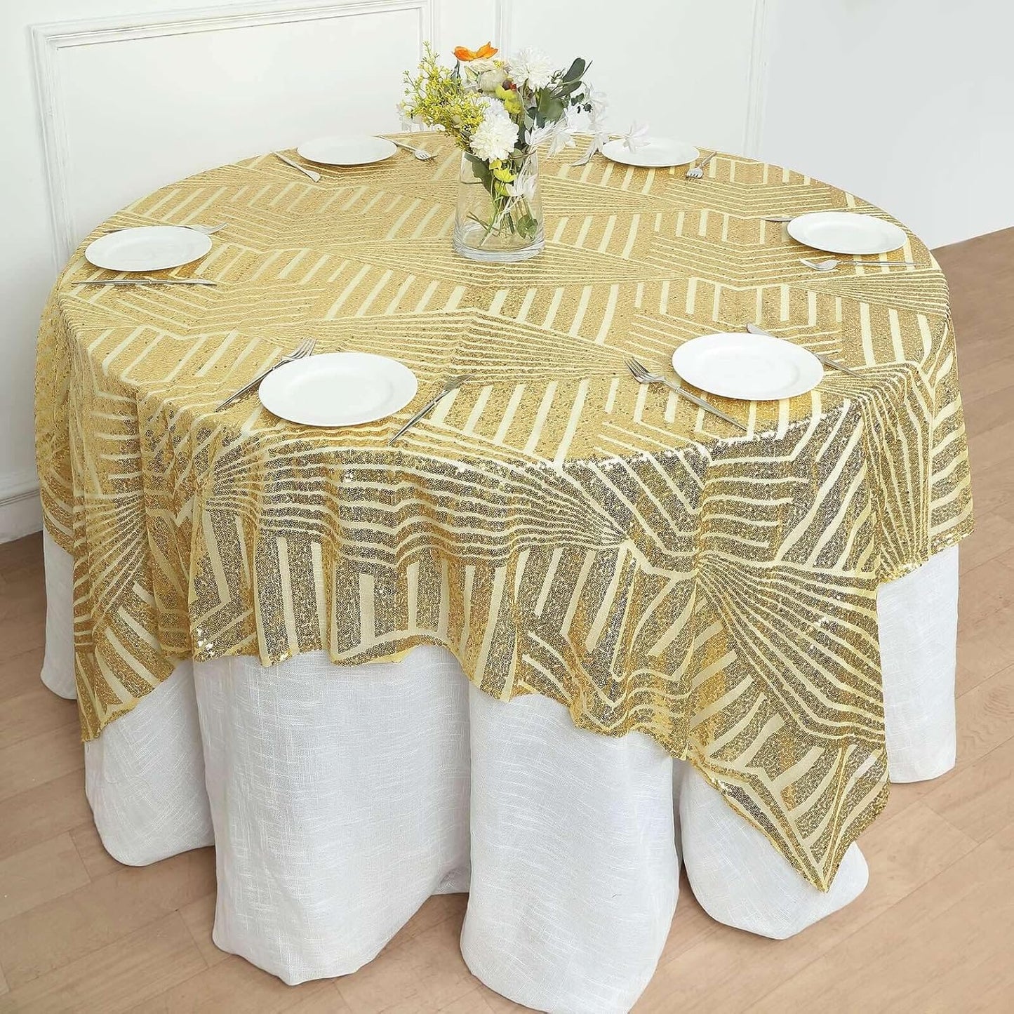 Efavormart 72" Gold Sparkly Sequin Geometric Tulle Square Table Overlay
