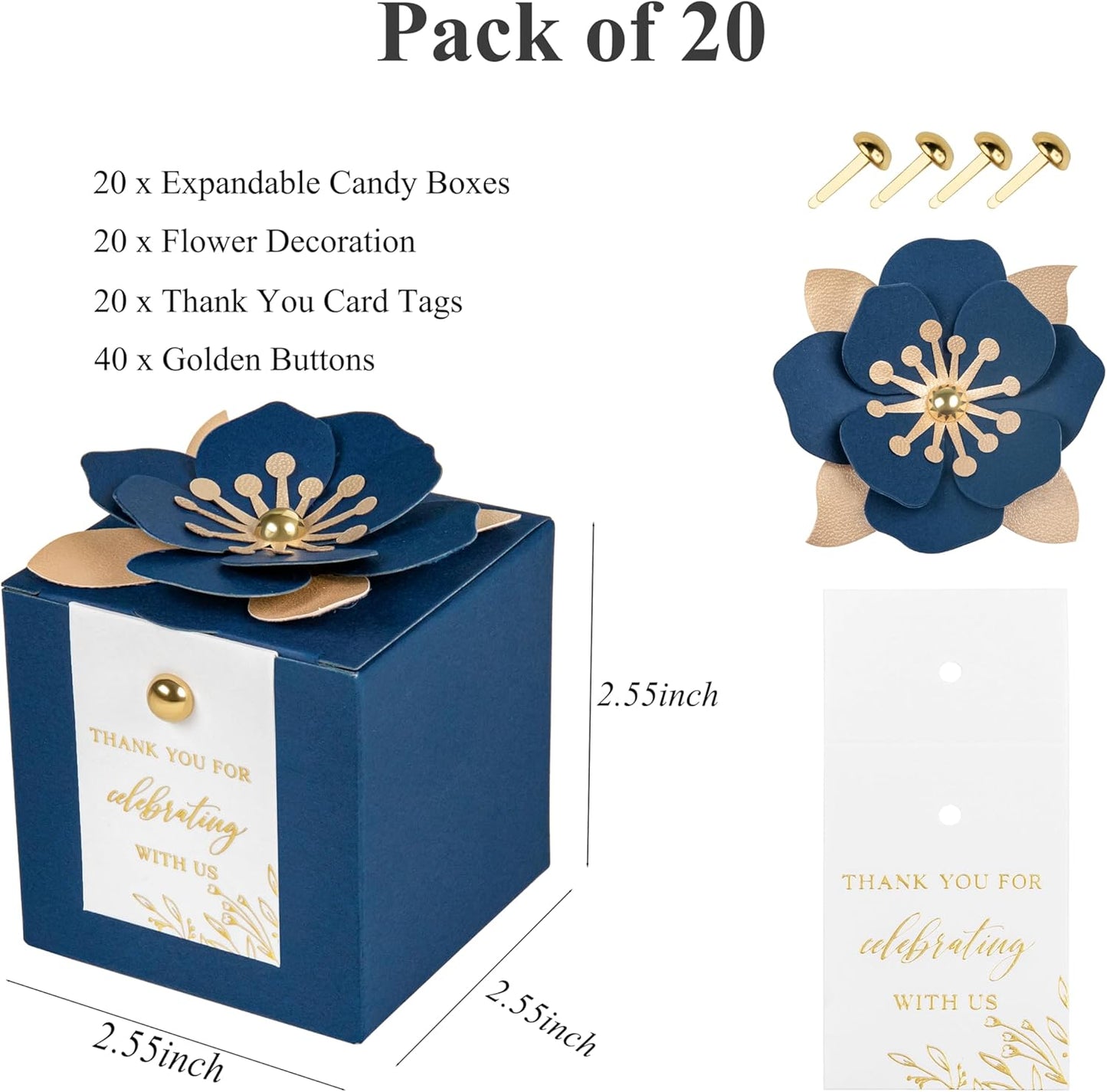 FEIYI 20 PCS Favor Boxes, 3 In 1 Navy Blue Candy Boxes with Floral Decor, White Thank You Tags Gold Foil Print Gift wrapping for Wedding, Baby Shower, Birthday, Decorations Party - 2.55x2.55x2.55