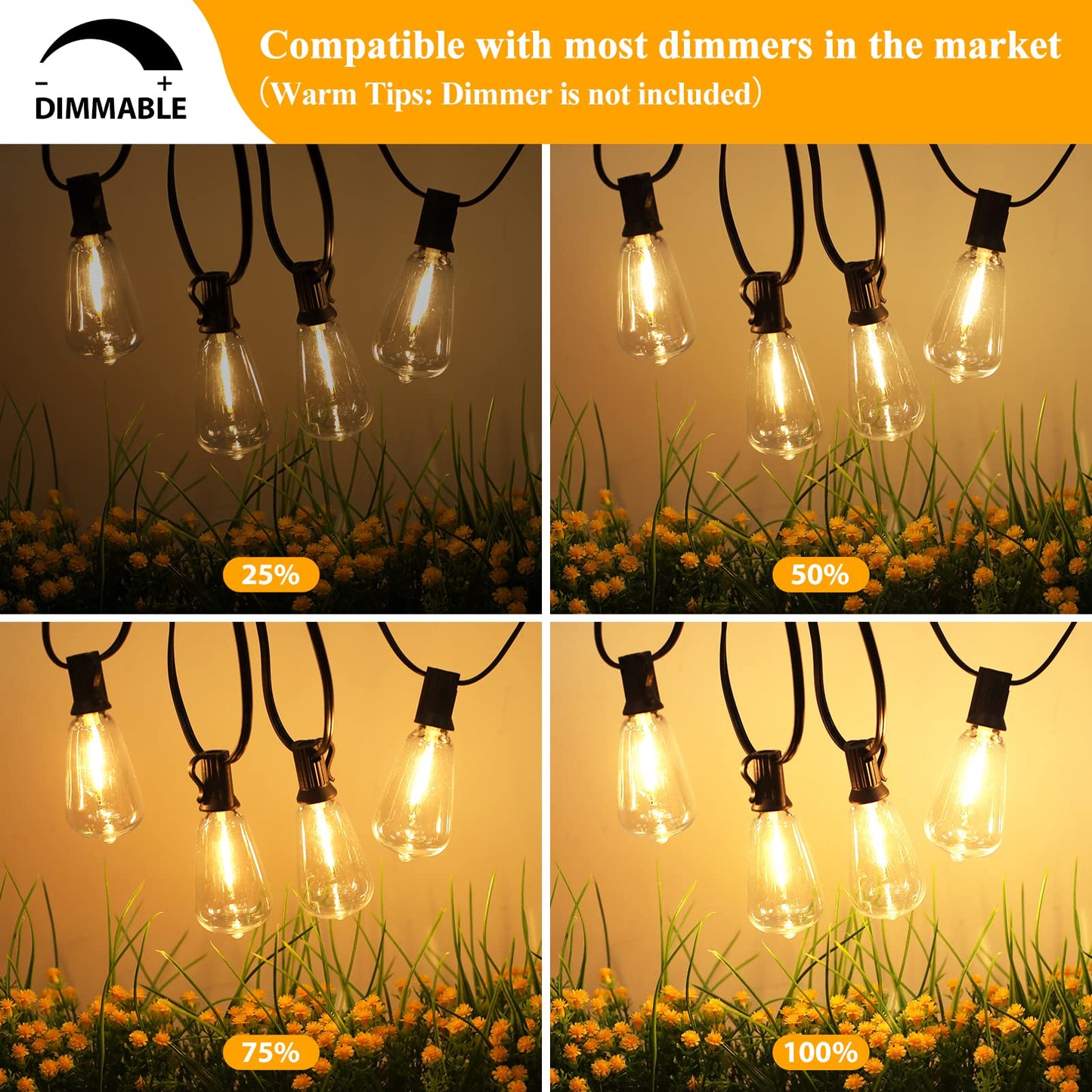 Brightever LED Outdoor String Lights 100FT Patio Lights with 52 Shatterproof ST38 Vintage Edison
