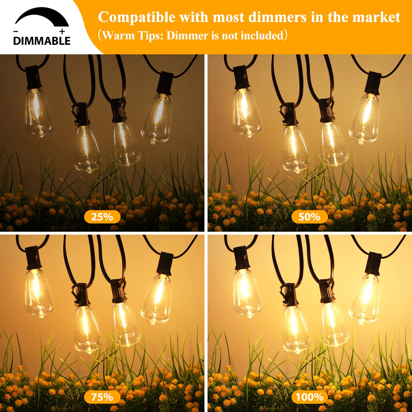 Brightever LED Outdoor String Lights 100FT Patio Lights with 52 Shatterproof ST38 Vintage Edison