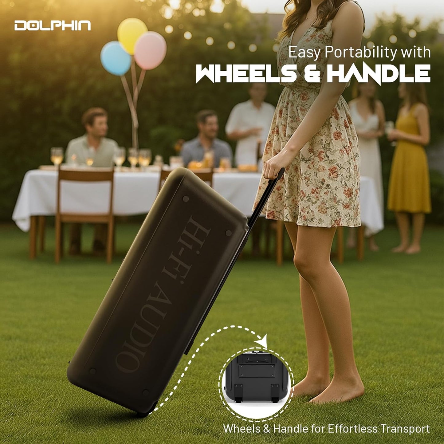 Dolphin 1000W Karaoke Party Speaker with 2 Wireless Microphones, Bluetooth, LED Lights, Tailgate Ready, and Long-Lasting Battery