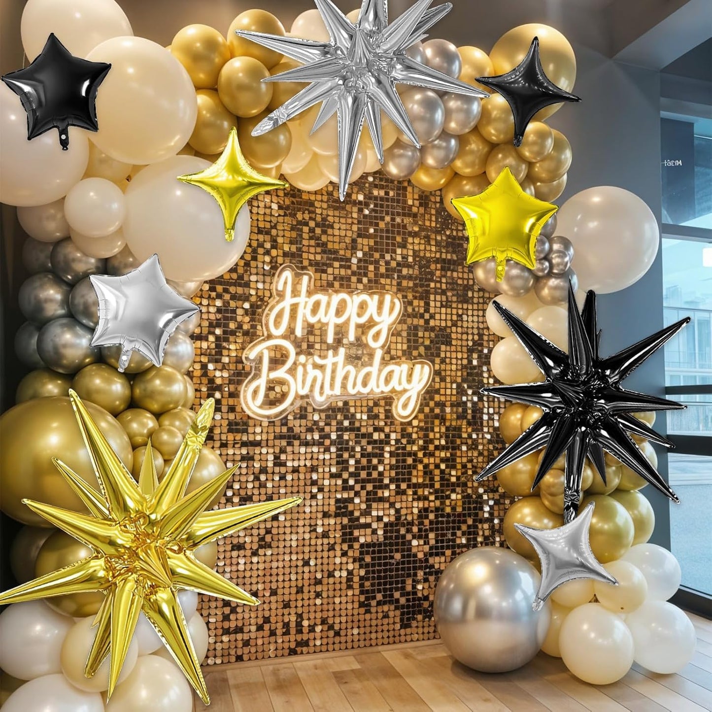 Black Gold Silver Star Balloon,16Pcs Star Foil Balloons Set with 22Inch Explosion Spike Cone Balloons and 10Inch Quadrangle Helium Balloon for Birthday Wedding Baby Shower Party Decorations