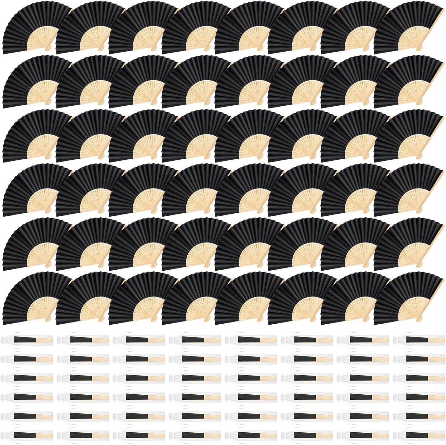 48 Pieces Black Hand Held Bamboo Folding Fans Paper Fans Handheld for Women Foldable Girls Wedding Decoration Church Home Party Favors Summer