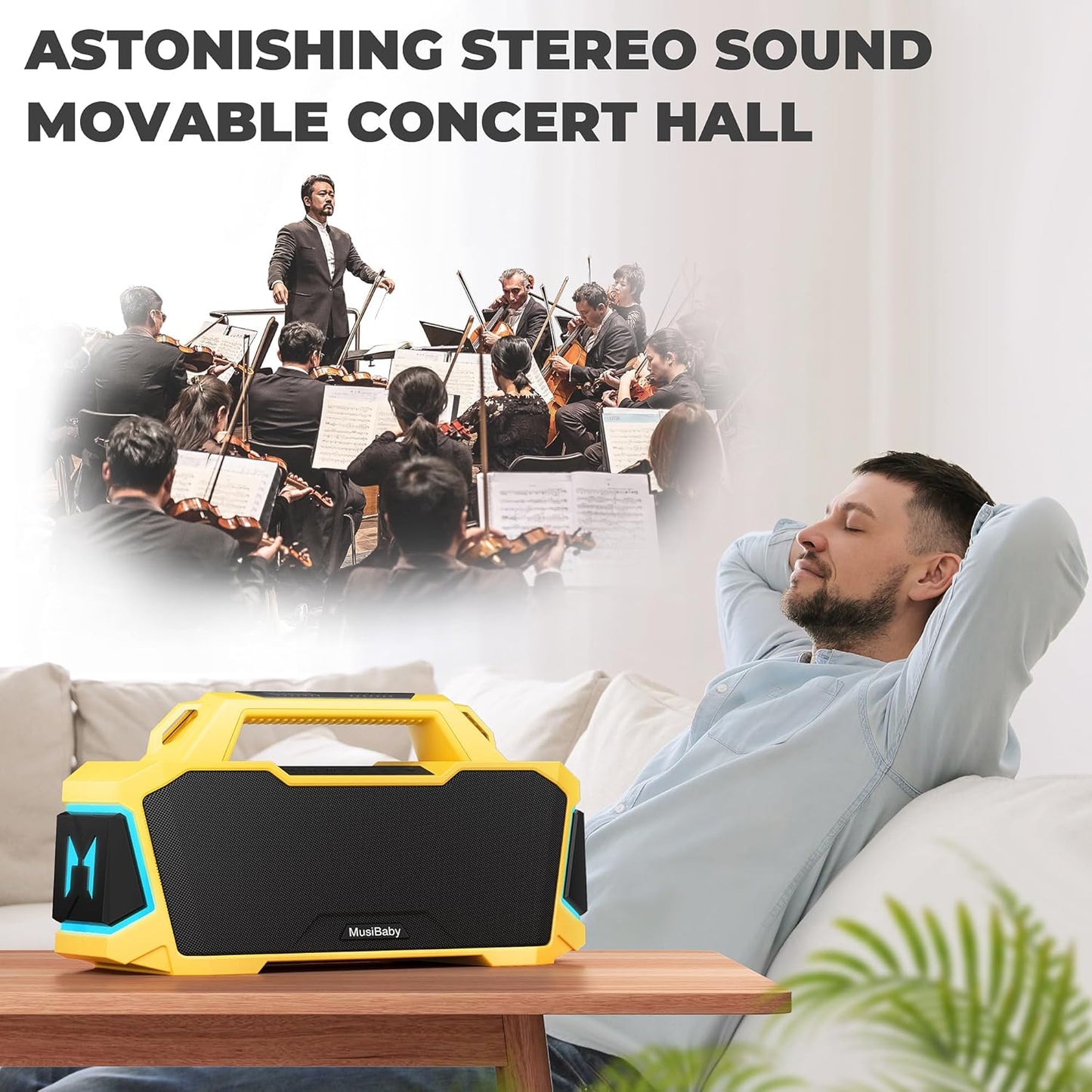 MusiBaby M1 Portable Bluetooth Speaker Yellow, Loud Stereo Sound Subwoofer Deep Bass, IPX6 Waterproof, 24H+ Playtime, Bluetooth 5.3, Dual Pairing Boombox for Outdoor Camping Hiking Party Shower