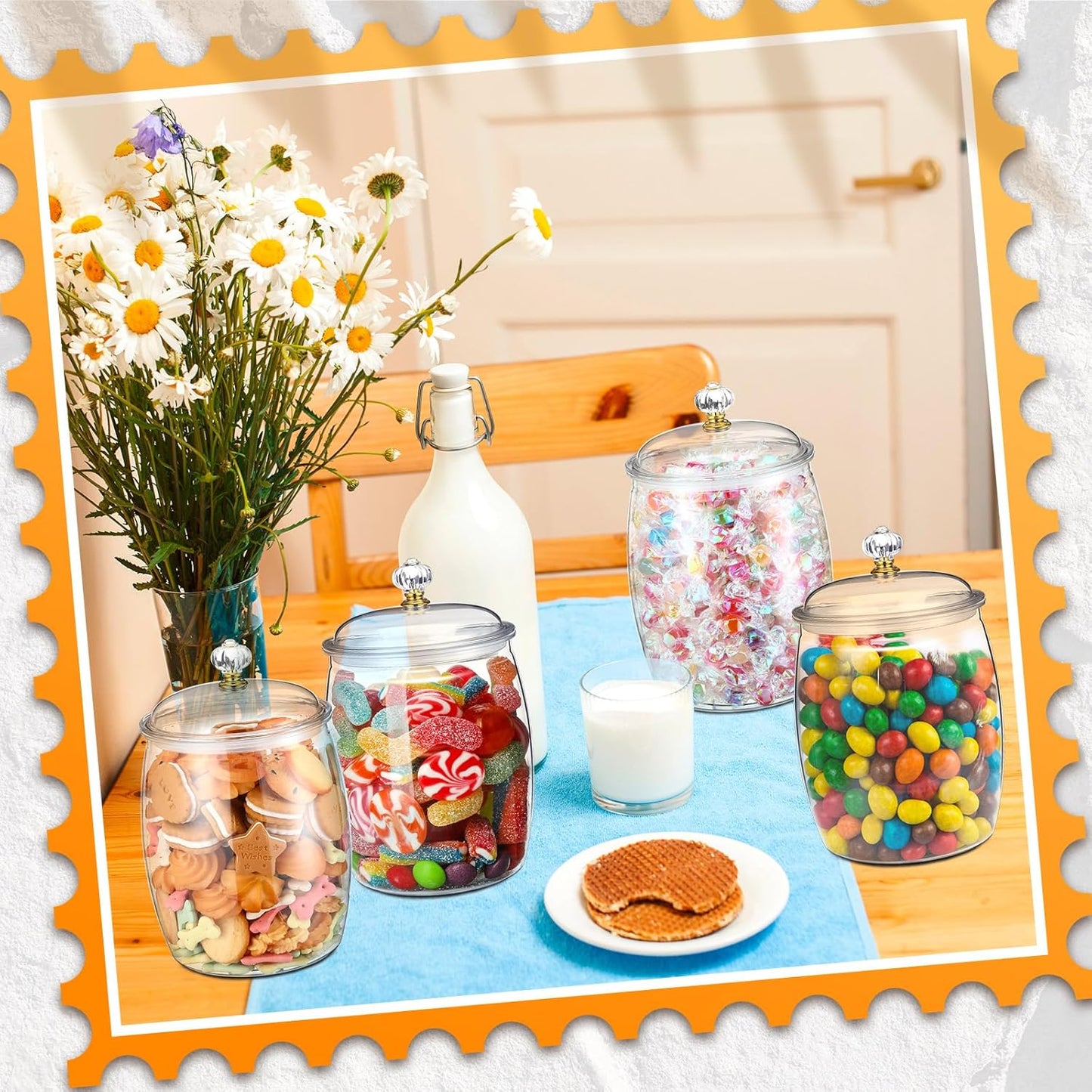 Nuogo 4 Pcs Plastic Candy and Cookie Jars with Lids Clear Cookie Container Candy Jars Large Airtight Apothecary Storage Organization for Wedding Home Kitchen Bar(42 oz)