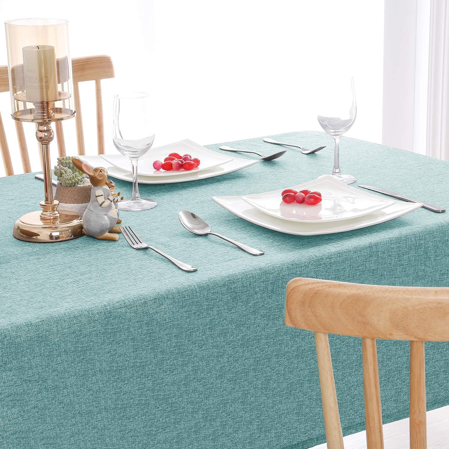Hiasan 2 Pack Faux Linen Rectangle Tablecloth - Wrinkle and Stain Resistant Washable Table Cloth for Kitchen Dining Room Holiday Table Cover for Party Dinner, Aqua, 54 x 80 Inch