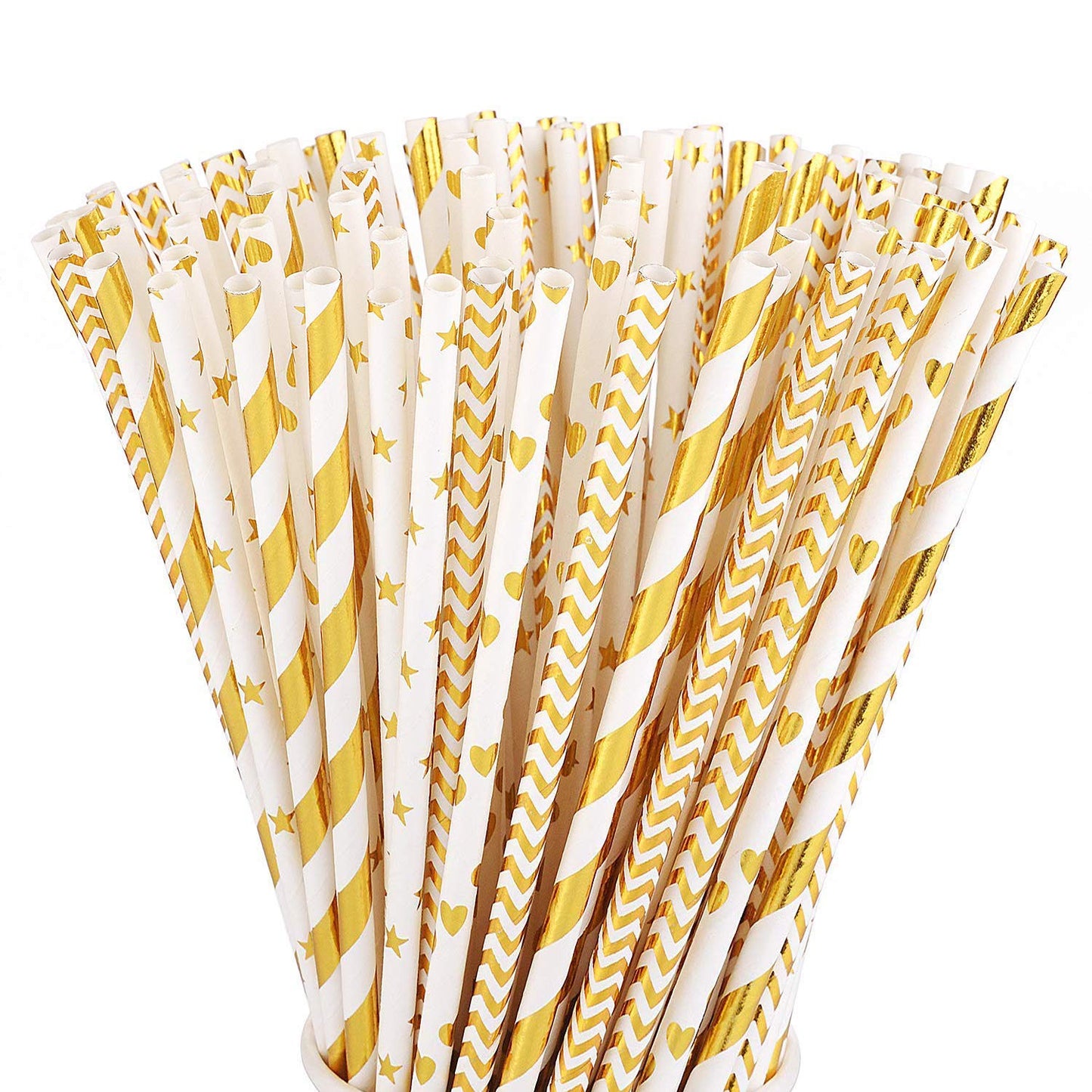 ALINK Biodegradable Gold Paper Straws Bulk, Pack of 100 Metallic Foil Striped/Wave/Heart/Star