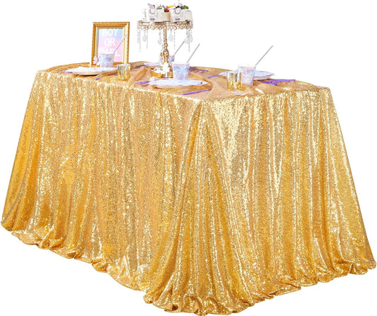 QueenDream Gold Table Cloth Party Decorations: Sequin Fabric 90x90 Inch Sparkle Tablecloths - Gold Drapes Wedding Overlay