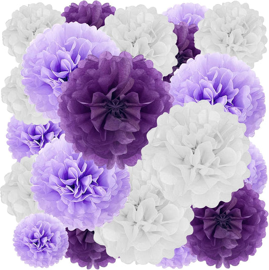 Tissue Paper Pom Poms, Purple White Tissue Paper Flowers, Hanging Flower Balls for Weddings Fiesta Parties Birthday Baby Showers Classroom Bridal Shower Decoration (18Piece Set-6/10/12/14Inch)