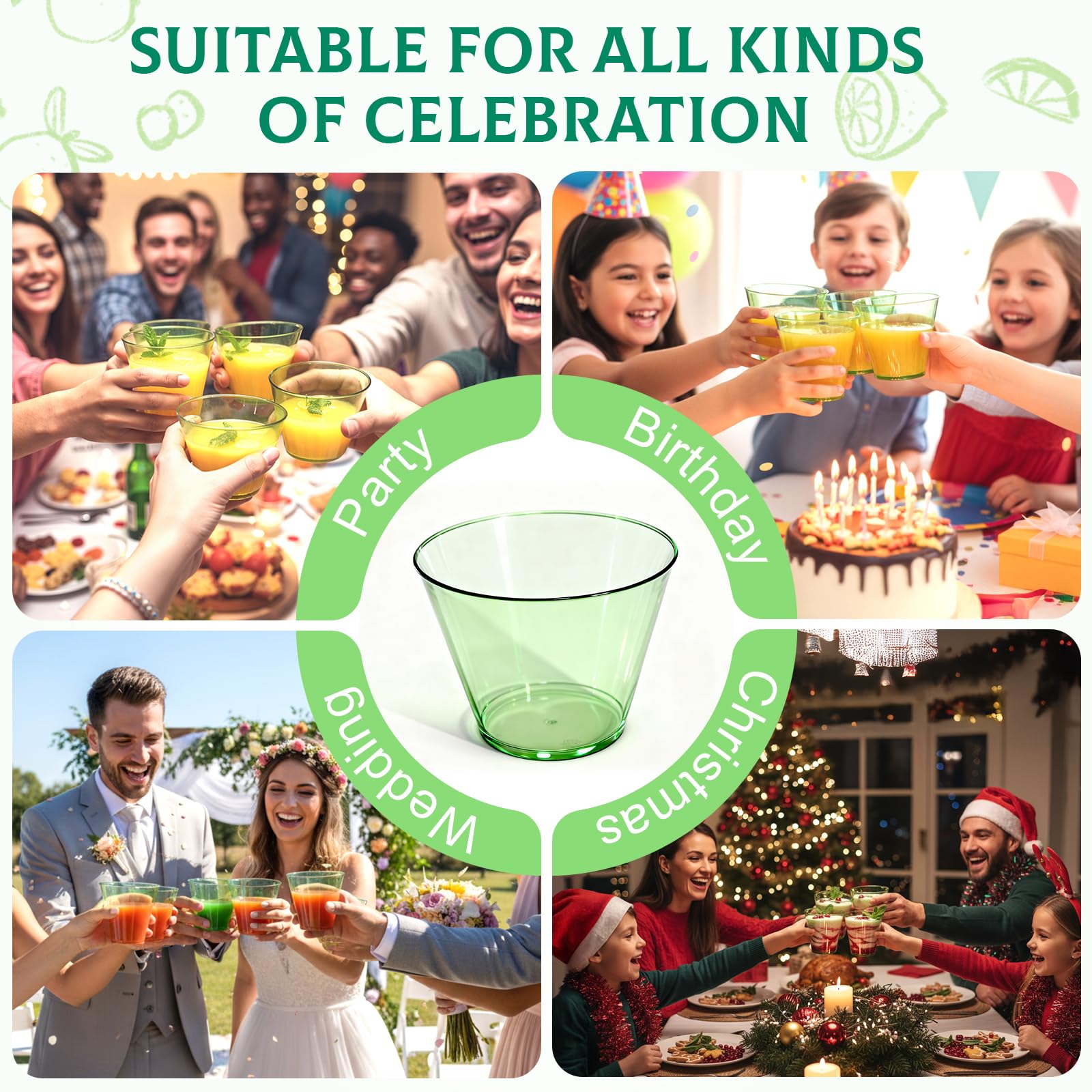 Glowserve 9 OZ Green Disposable Plastic Cups Cocktail Cup 50 Pack