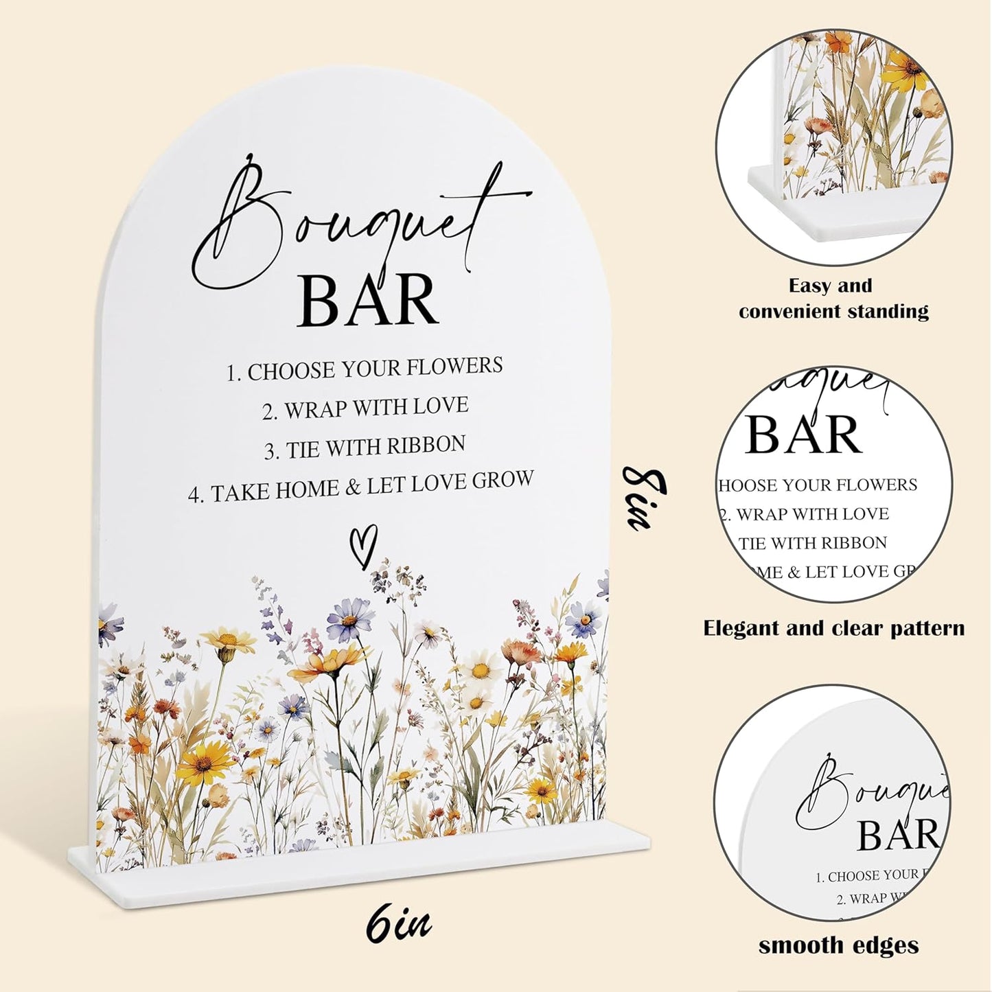 Wedding Signs for Ceremony and Reception, Boho Floral Acrylic Bouquet Bar Sign, Wedding Signage with Stand, Bridal Shower Table Centerpieces, Bouquet Bar Supplies for Engagement Reception Event, 24