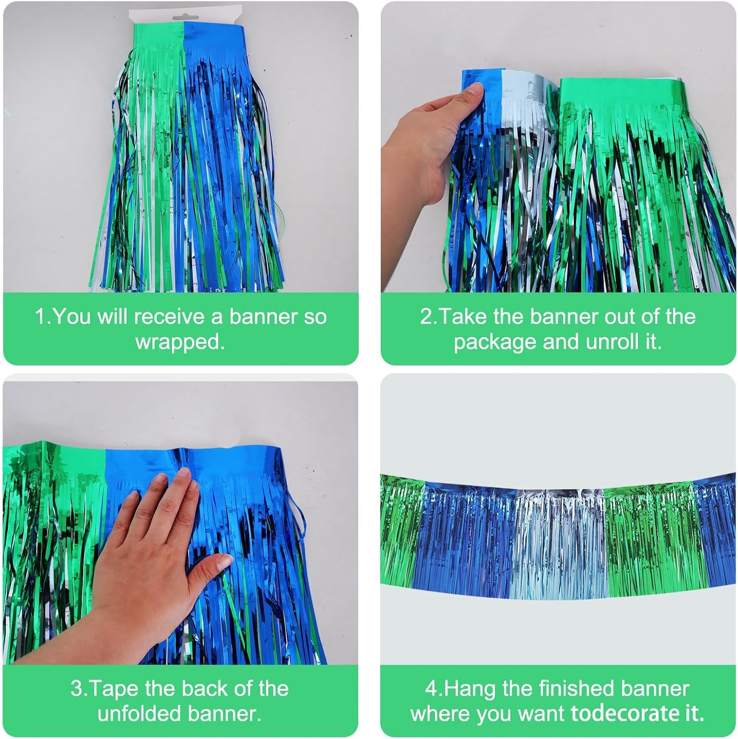 BEISHIDA 3 Packs Metallic Foil Fringe Garland Blue Green Wall Hanging Tinsel Fringe Banners for Car Floats Bridal Shower Wedding Birthday Easter Graduation Holiday Party Decoration(30 Feet)