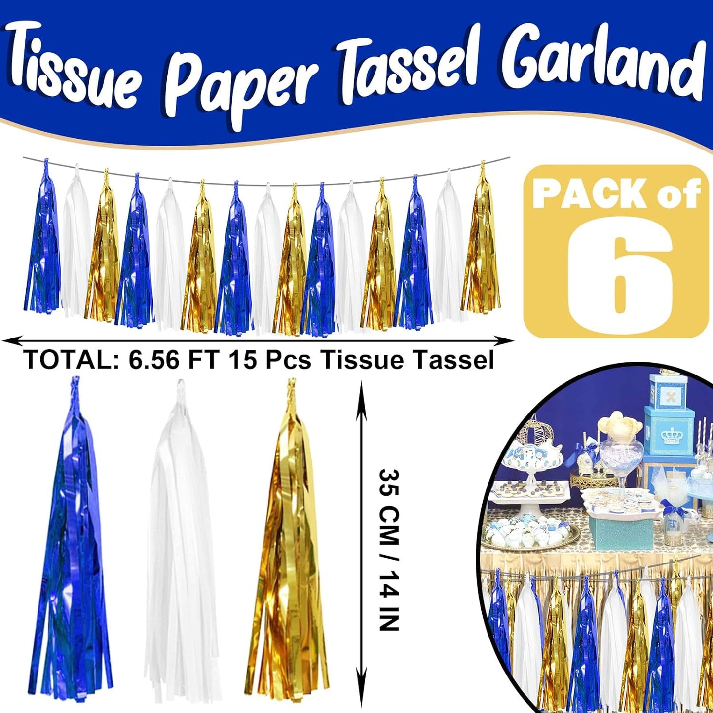 6P Navy-Blue White-Gold Foil Fringe Metallic Tassel-Garland, Tassels Banner Streamers for Parade Floats, Bachelorette, Wedding, Birthday, Graduation, Christmas, Bridal/Baby Shower Party Decorations