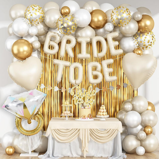 Cream Gold Bachelorette Party Decorations, Bride To Be Mylar Foil Letter Balloons with White Gold Balloons Diamond Ring and Cream Heart Balloon for Bridal Shower Decoration Engagement Hen Party Decor