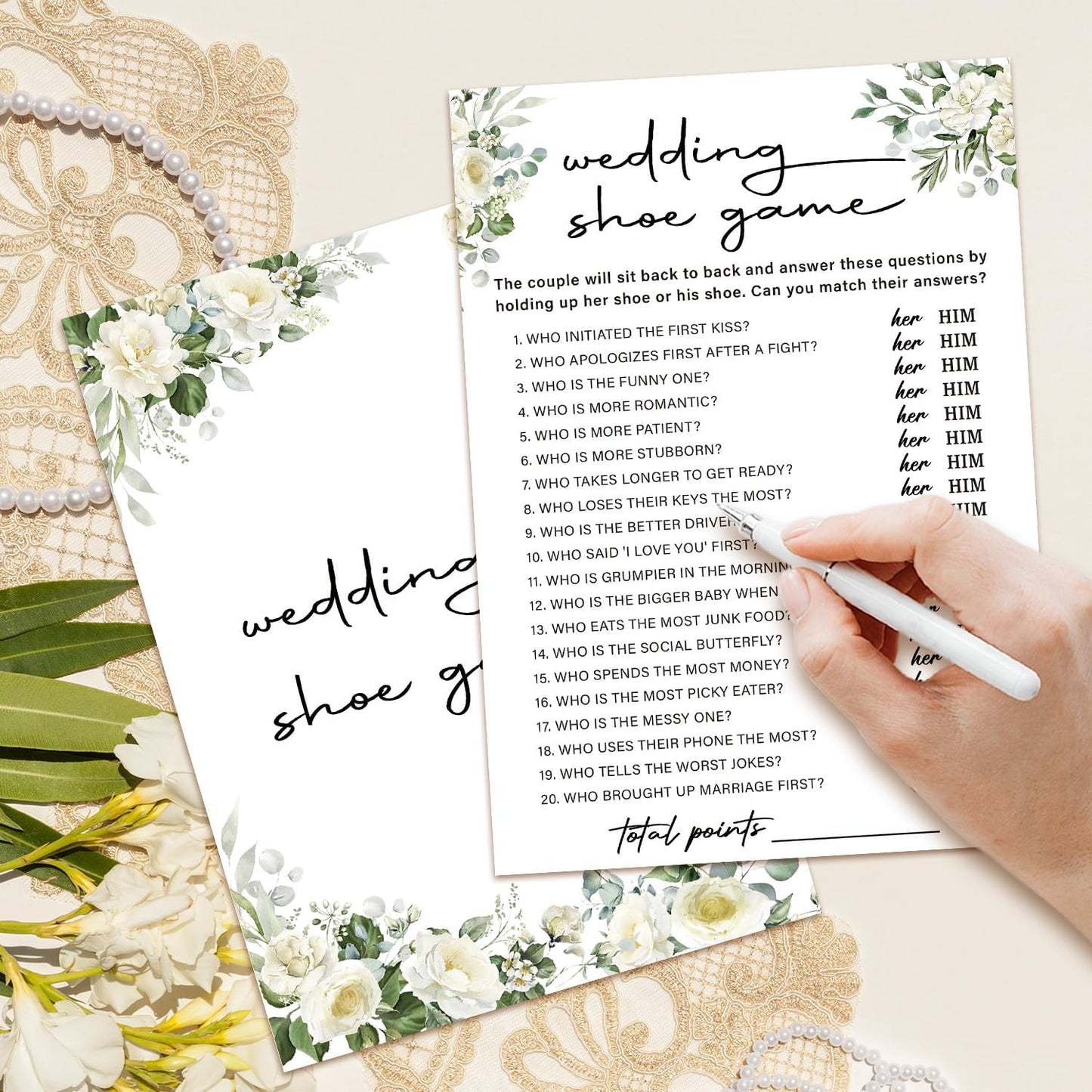 Eucalyptus Bridal Shower Games 30 Guests, Wedding Shoe Bridal Games for Showers, White Rose Wedding Engagement Party Activity Party Supplies/Green-07