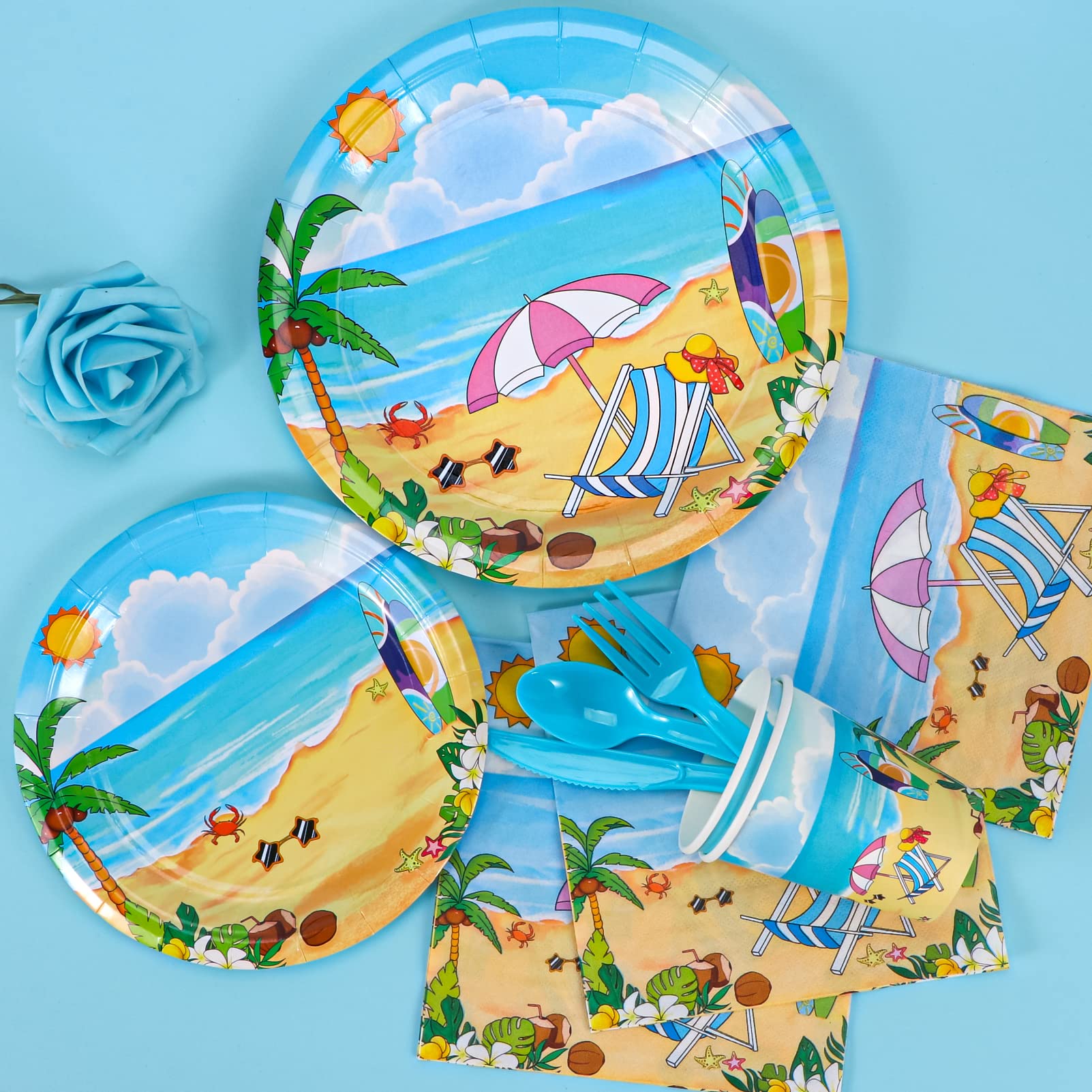 Atonofun Beach Party Supplies, Beach Plates and Napkins Set, Disposable Beach Plates, Cups, Napkins
